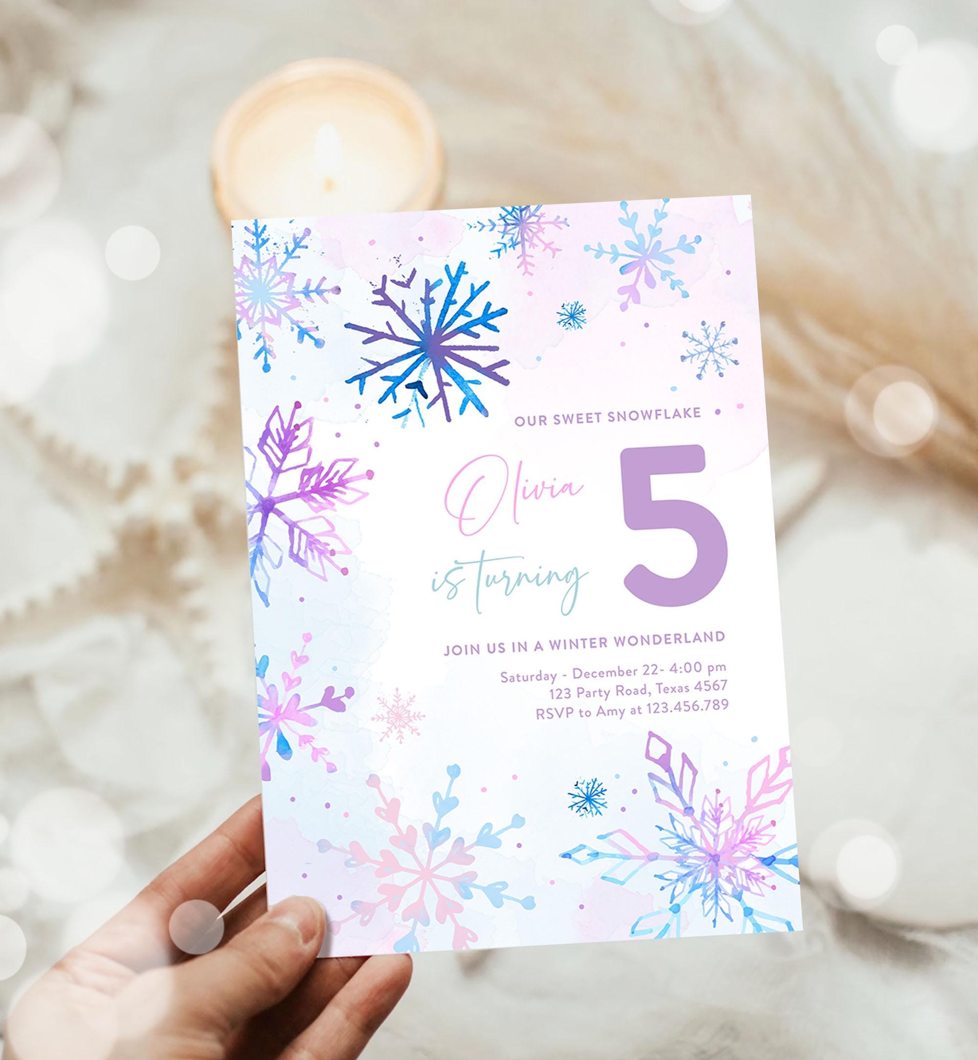 Editable Winter Birthday Invitation Winter Wonderland Winter Princess Ice Queen Castle Girl Pink Purple Snowflake Template Evite 0518