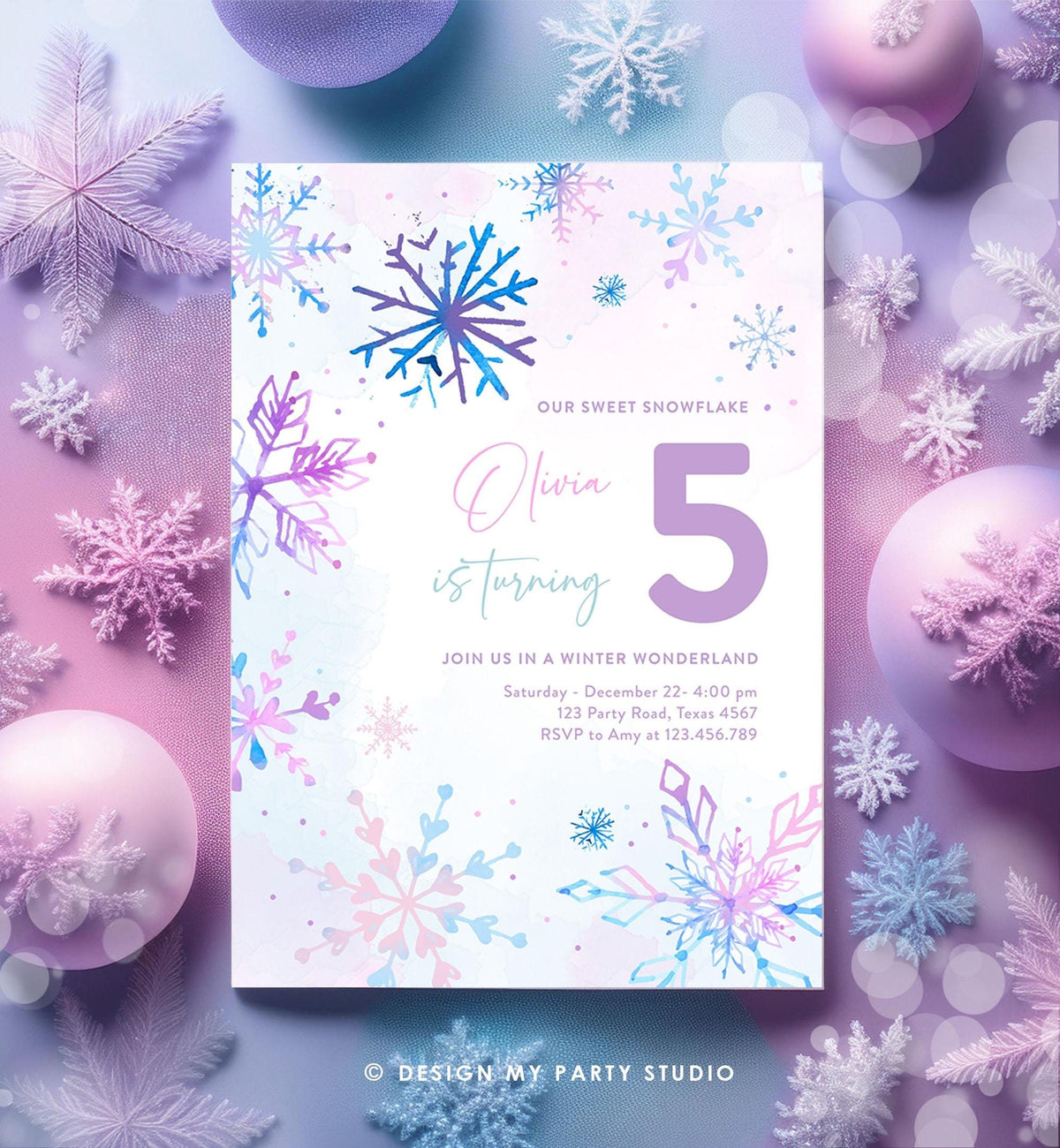 Editable Winter Birthday Invitation Winter Wonderland Winter Princess Ice Queen Castle Girl Pink Purple Snowflake Template Evite 0518