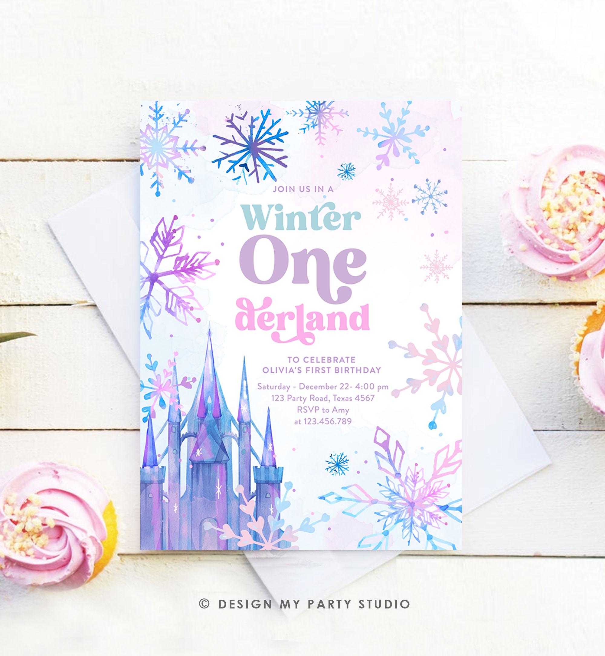 Editable Winter ONEderland Birthday Invitation First Birthday 1st Girl Pink Purple Snowflake Princess Castle Digital Template Evite 0518