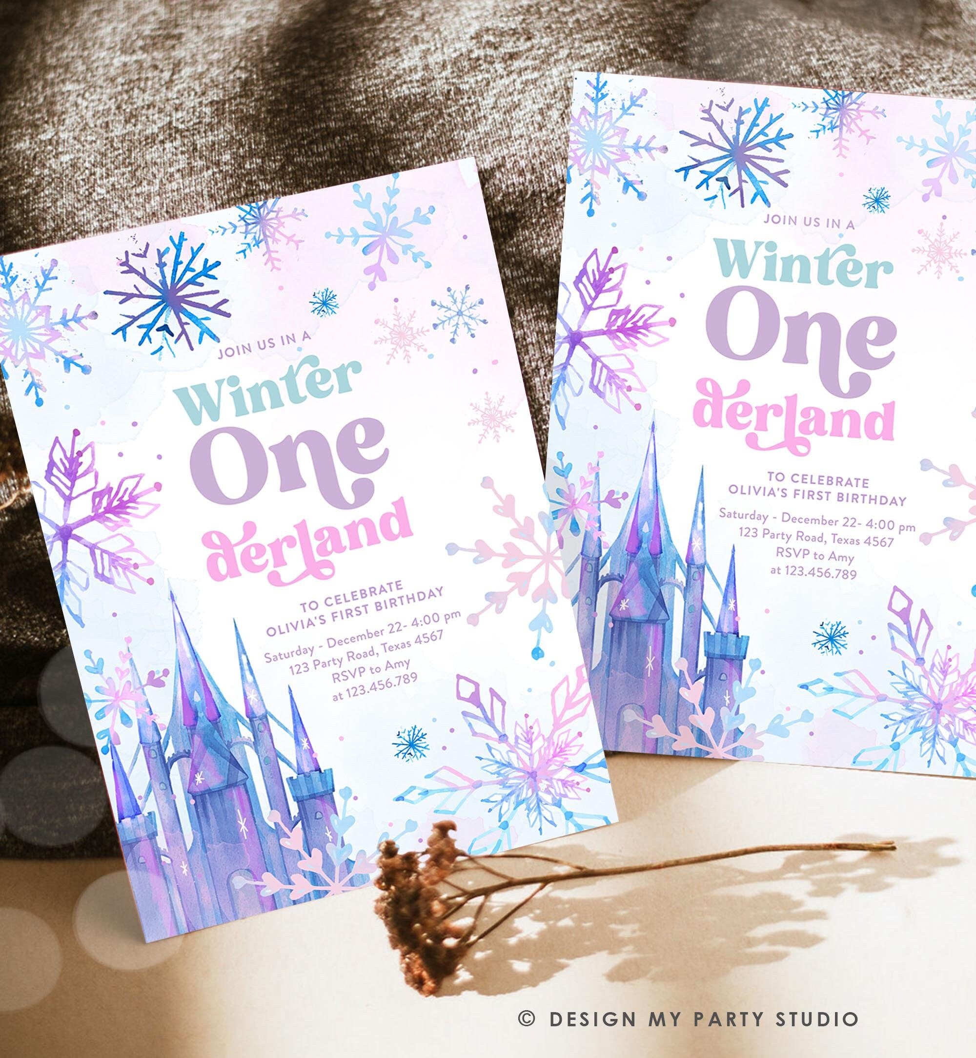 Editable Winter ONEderland Birthday Invitation First Birthday 1st Girl Pink Purple Snowflake Princess Castle Digital Template Evite 0518