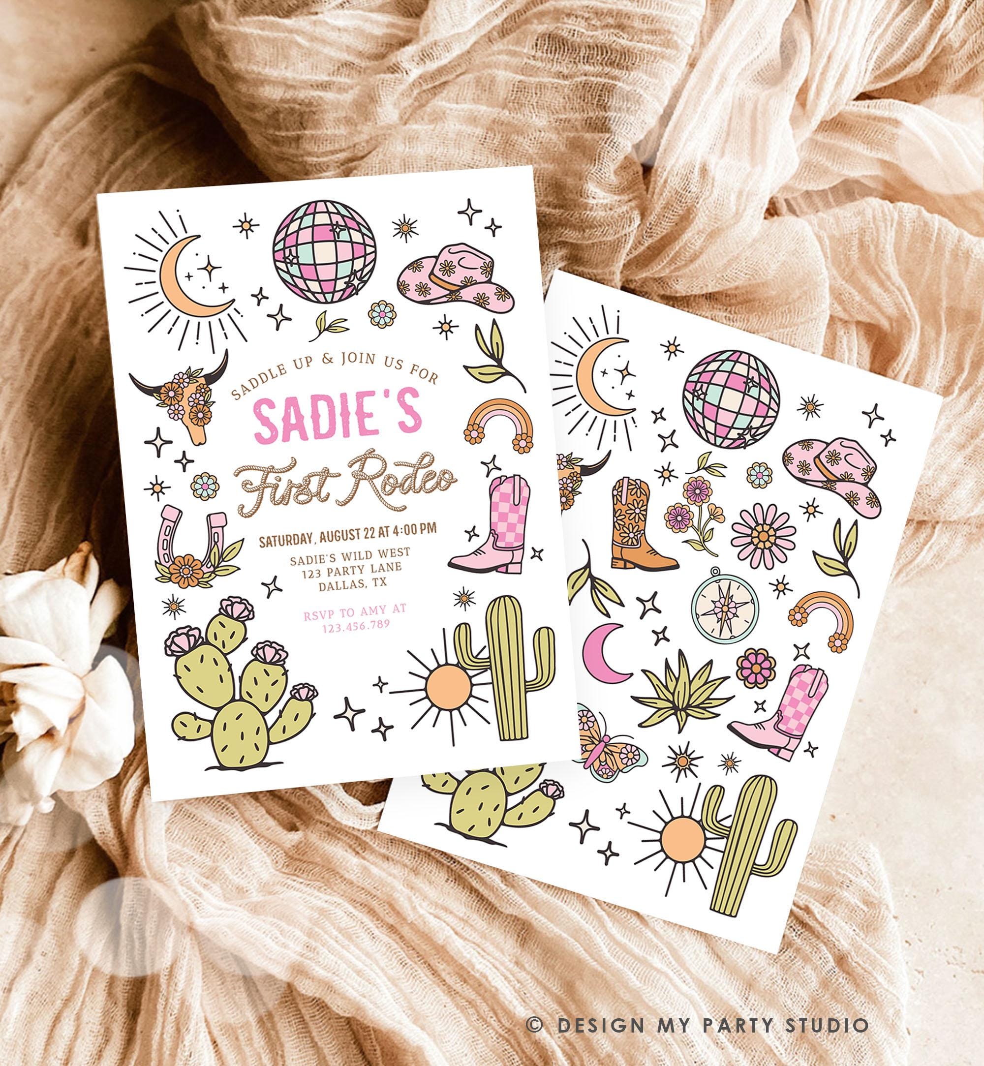 Editable Space Cowgirl Birthday Party Invitation Disco Cowgirl Invite Pink Girl First Rodeo Wild West Download Printable Template Evite 0519