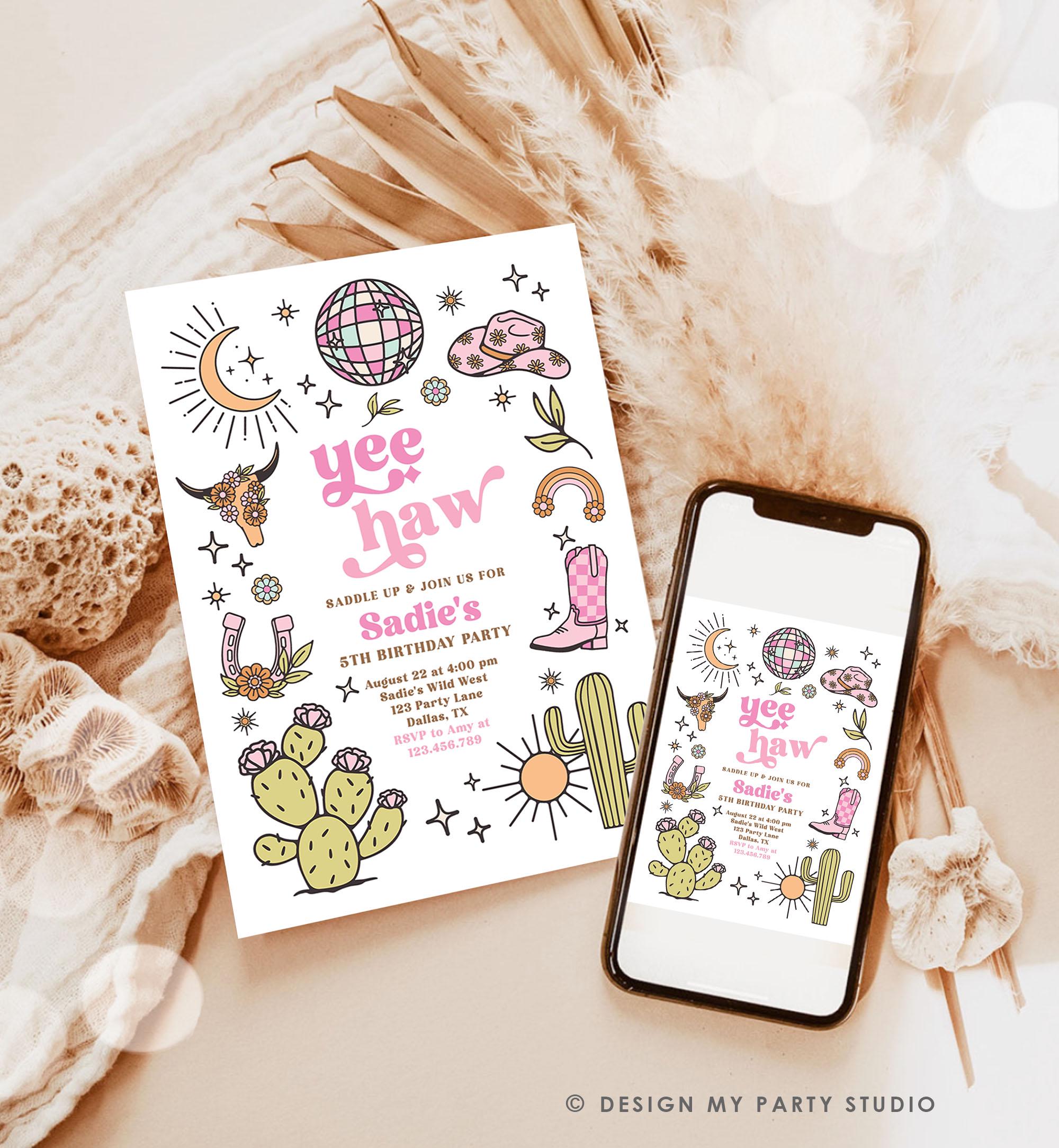 Editable Space Cowgirl Birthday Party Invitation Disco Rodeo Pink Cowgirl Wild West Nashville Party Download Printable Template Evite 0519