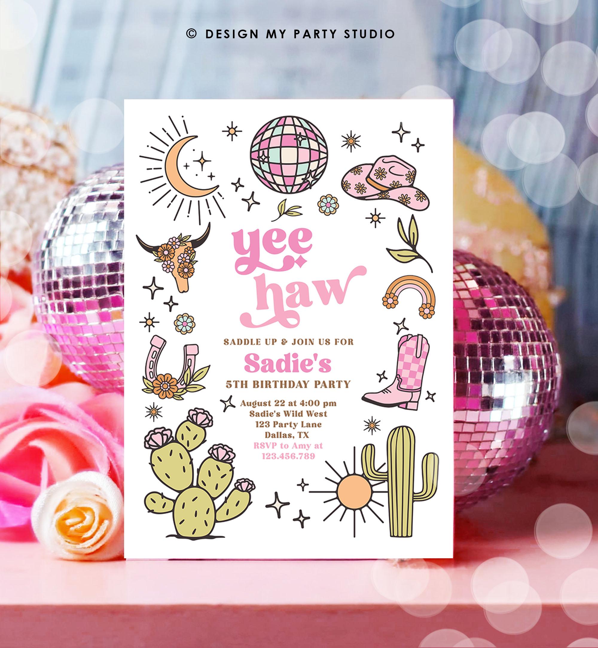 Editable Space Cowgirl Birthday Party Invitation Disco Rodeo Pink Cowgirl Wild West Nashville Party Download Printable Template Evite 0519