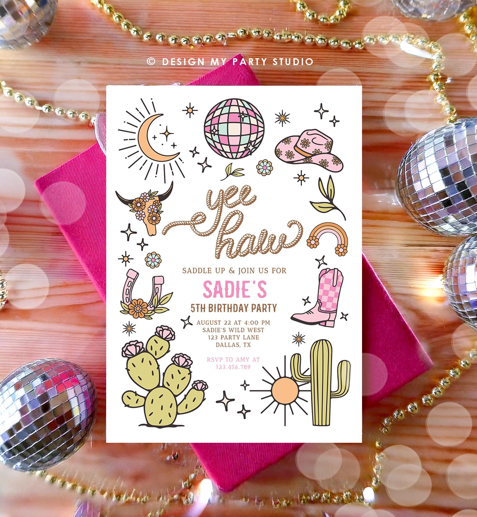 Editable Space Cowgirl Birthday Party Invitation Disco Rodeo Pink Cowgirl Wild West Nashville Party Download Printable Template Evite 0519