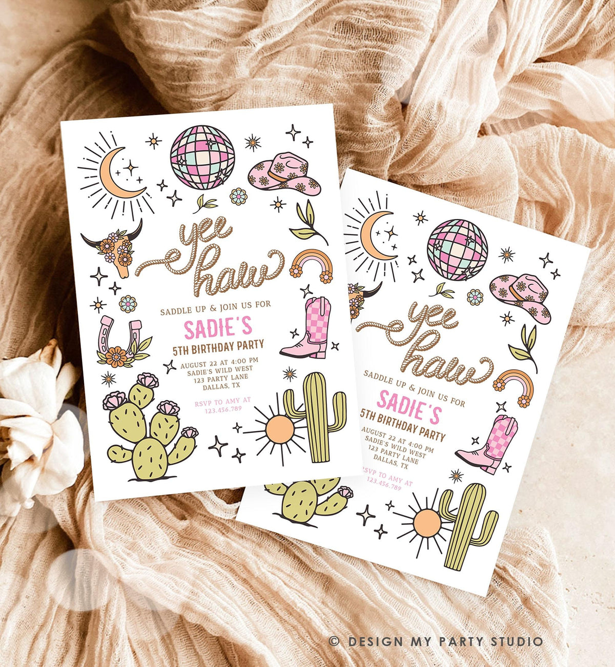 Editable Space Cowgirl Birthday Party Invitation Disco Rodeo Pink Cowgirl Wild West Nashville Party Download Printable Template Evite 0519