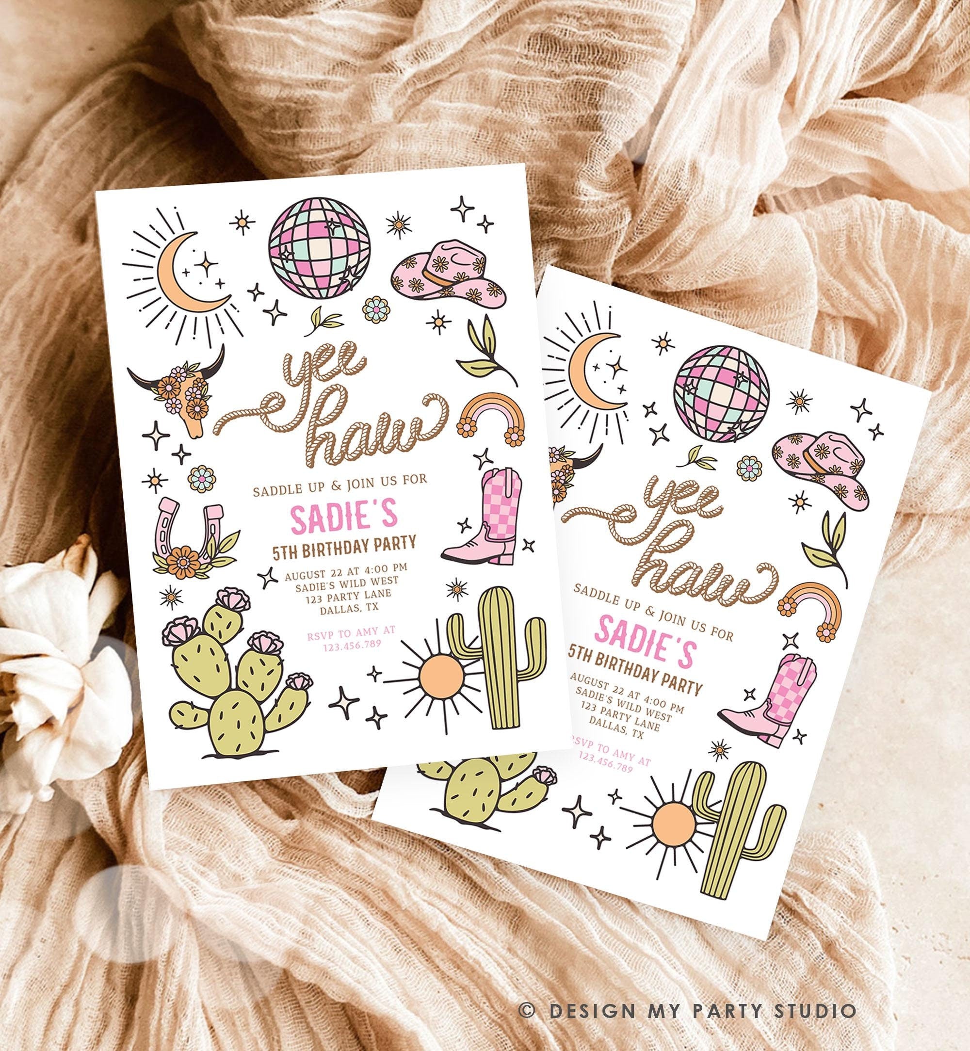 Editable Space Cowgirl Birthday Party Invitation Disco Rodeo Pink Cowgirl Wild West Nashville Party Download Printable Template Evite 0519