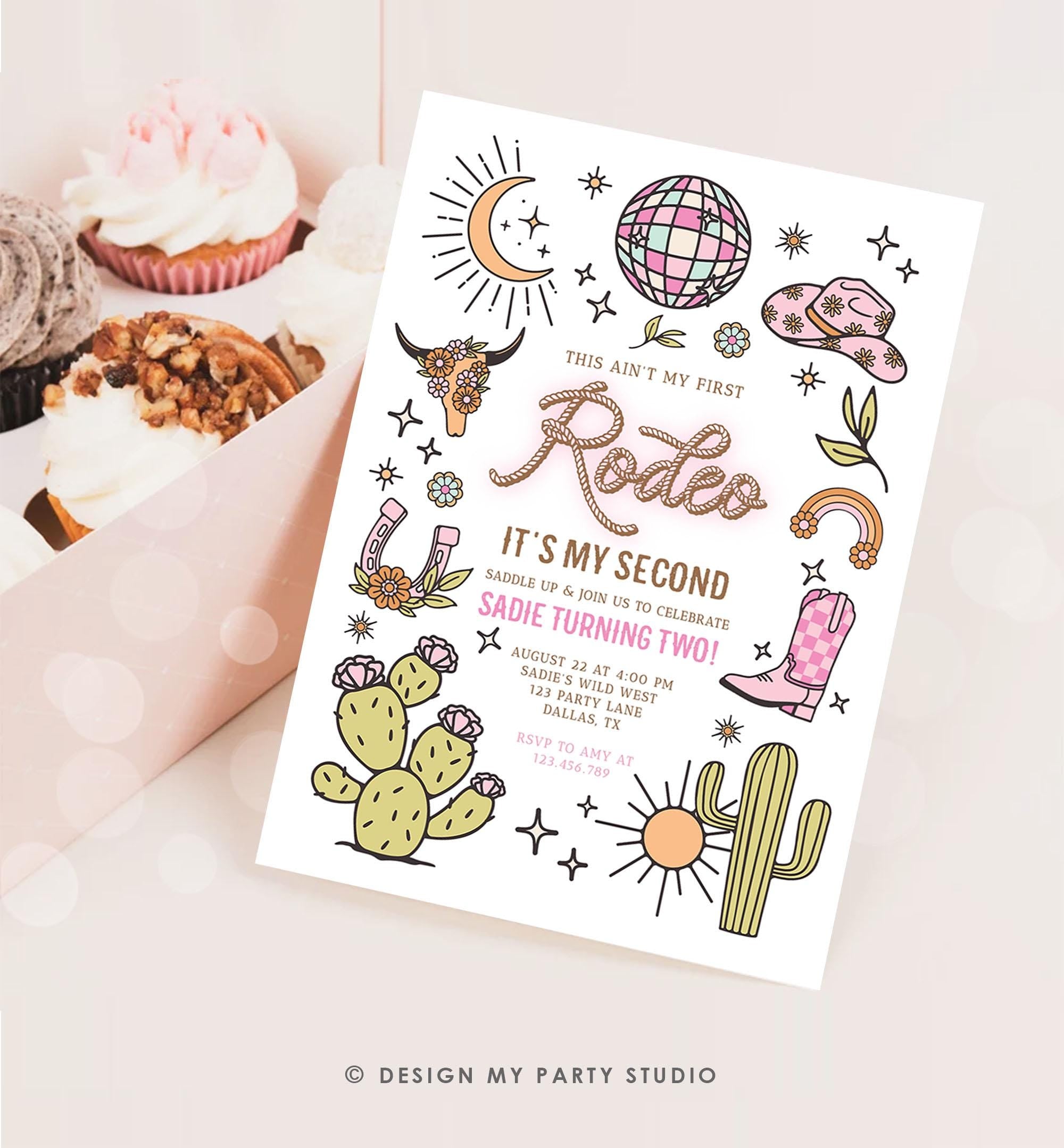 Editable Second Rodeo Birthday Invitation Space Cowgirl Disco 2nd Rodeo Pink Girl Cowgirl Ranch Party Download Printable Template Evite 0519