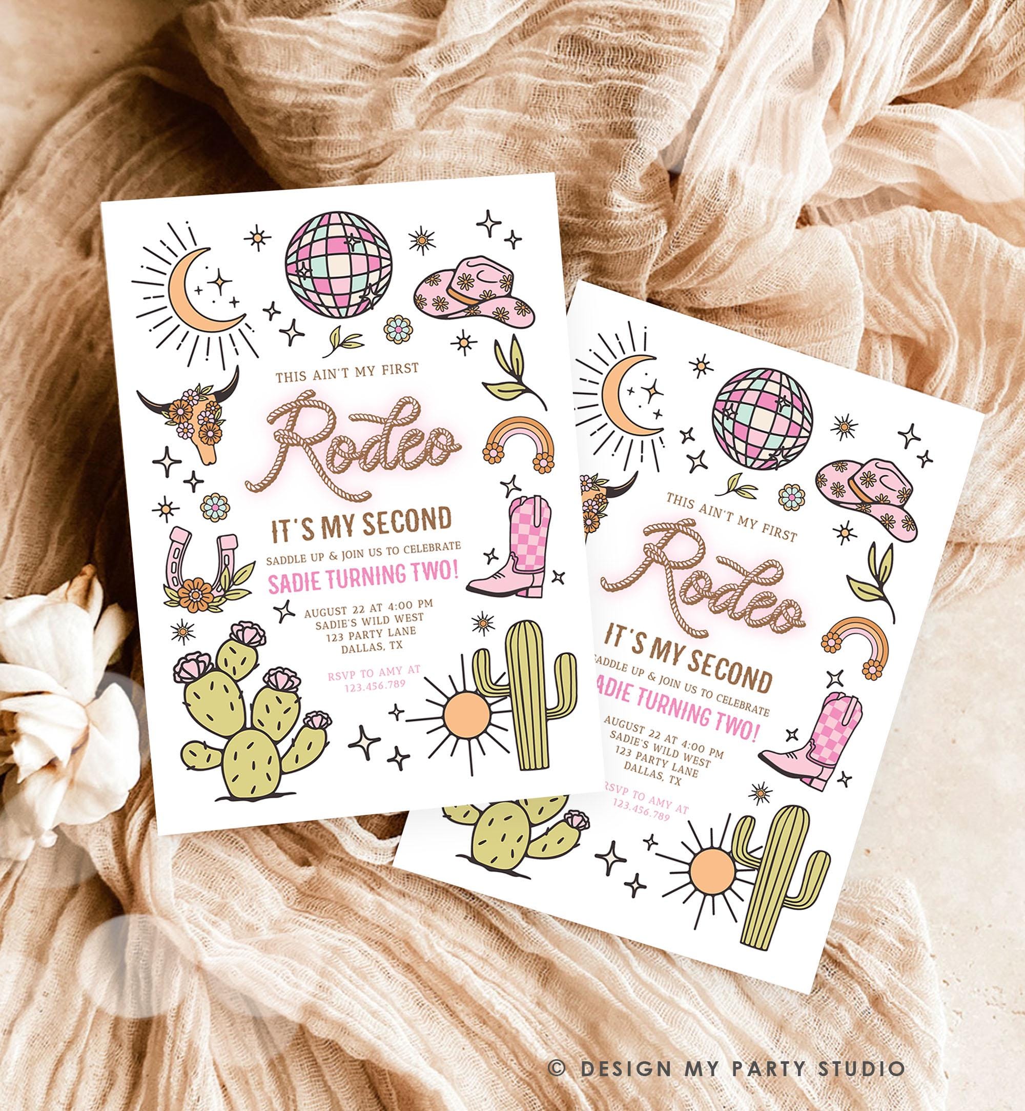 Editable Second Rodeo Birthday Invitation Space Cowgirl Disco 2nd Rodeo Pink Girl Cowgirl Ranch Party Download Printable Template Evite 0519