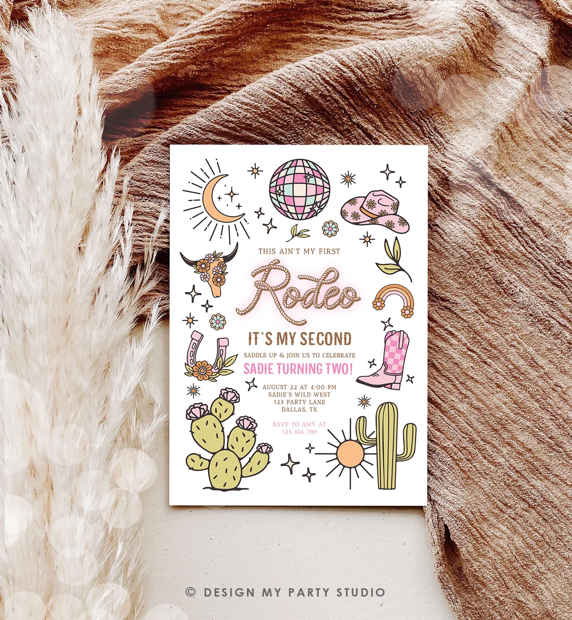 Editable Second Rodeo Birthday Invitation Space Cowgirl Disco 2nd Rodeo Pink Girl Cowgirl Ranch Party Download Printable Template Evite 0519