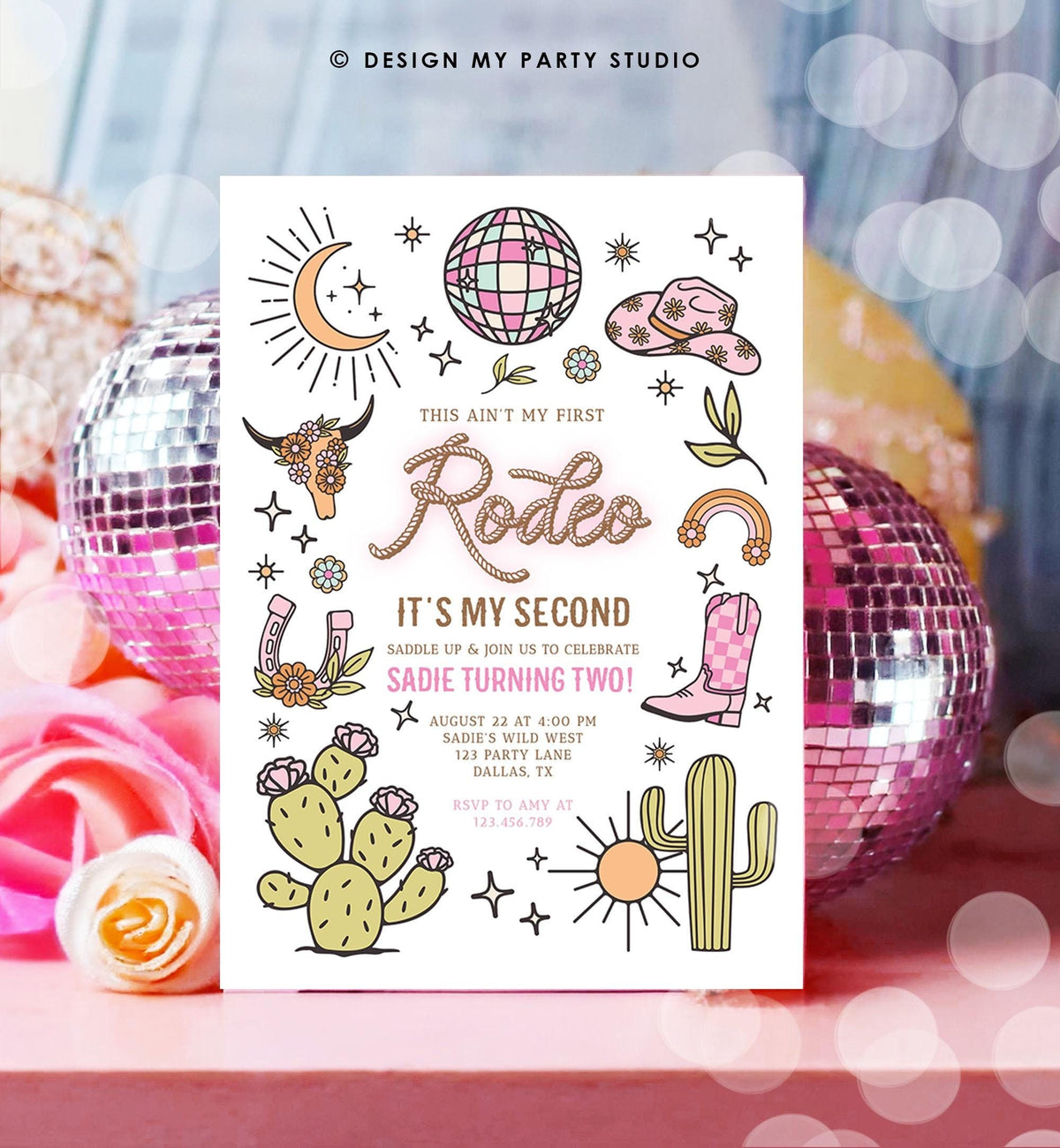 Editable Second Rodeo Birthday Invitation Space Cowgirl Disco 2nd Rodeo Pink Girl Cowgirl Ranch Party Download Printable Template Evite 0519