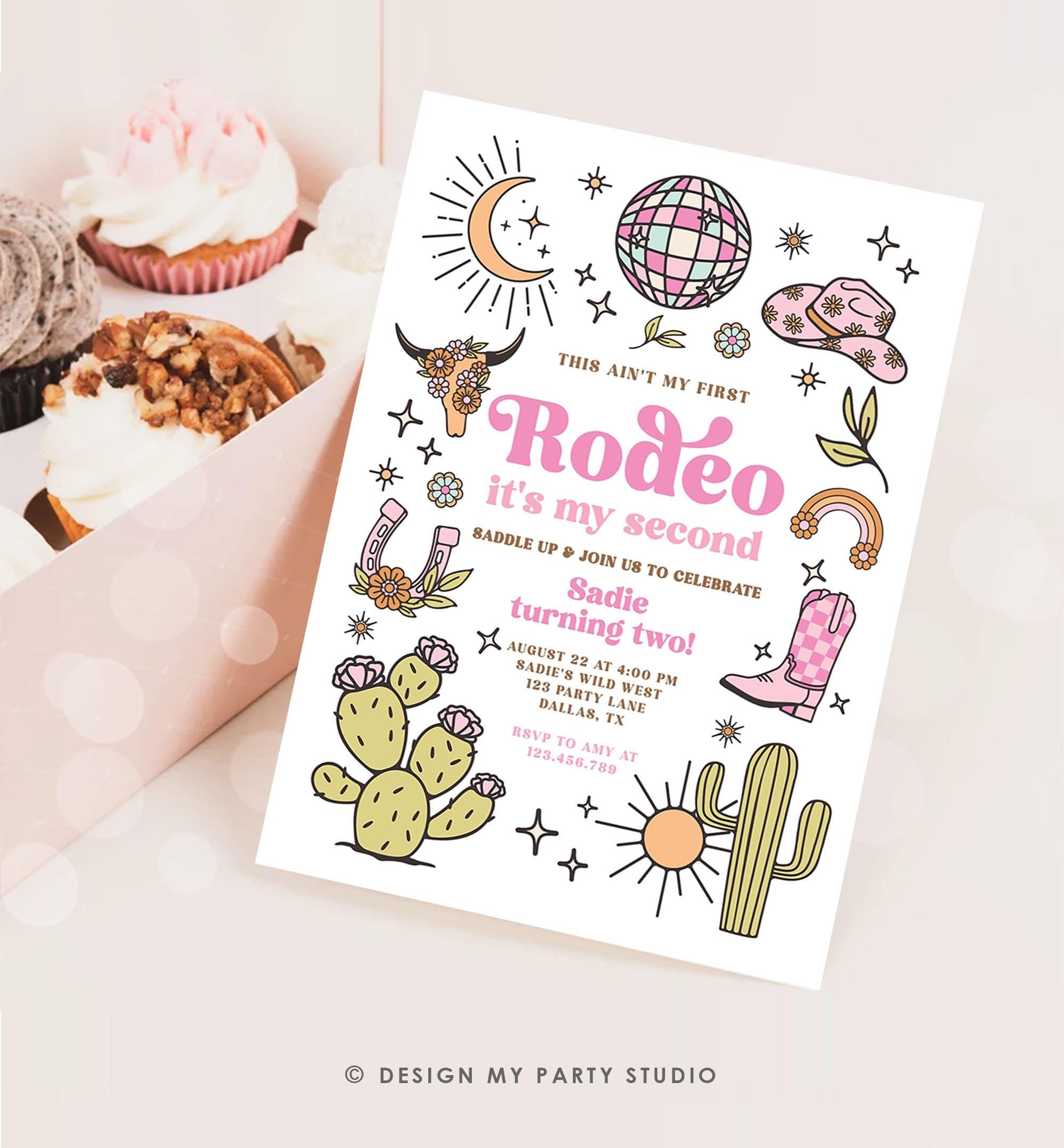 Editable Second Rodeo Birthday Invitation Space Cowgirl Disco 2nd Rodeo Pink Girl Cowgirl Ranch Party Download Printable Template Evite 0519