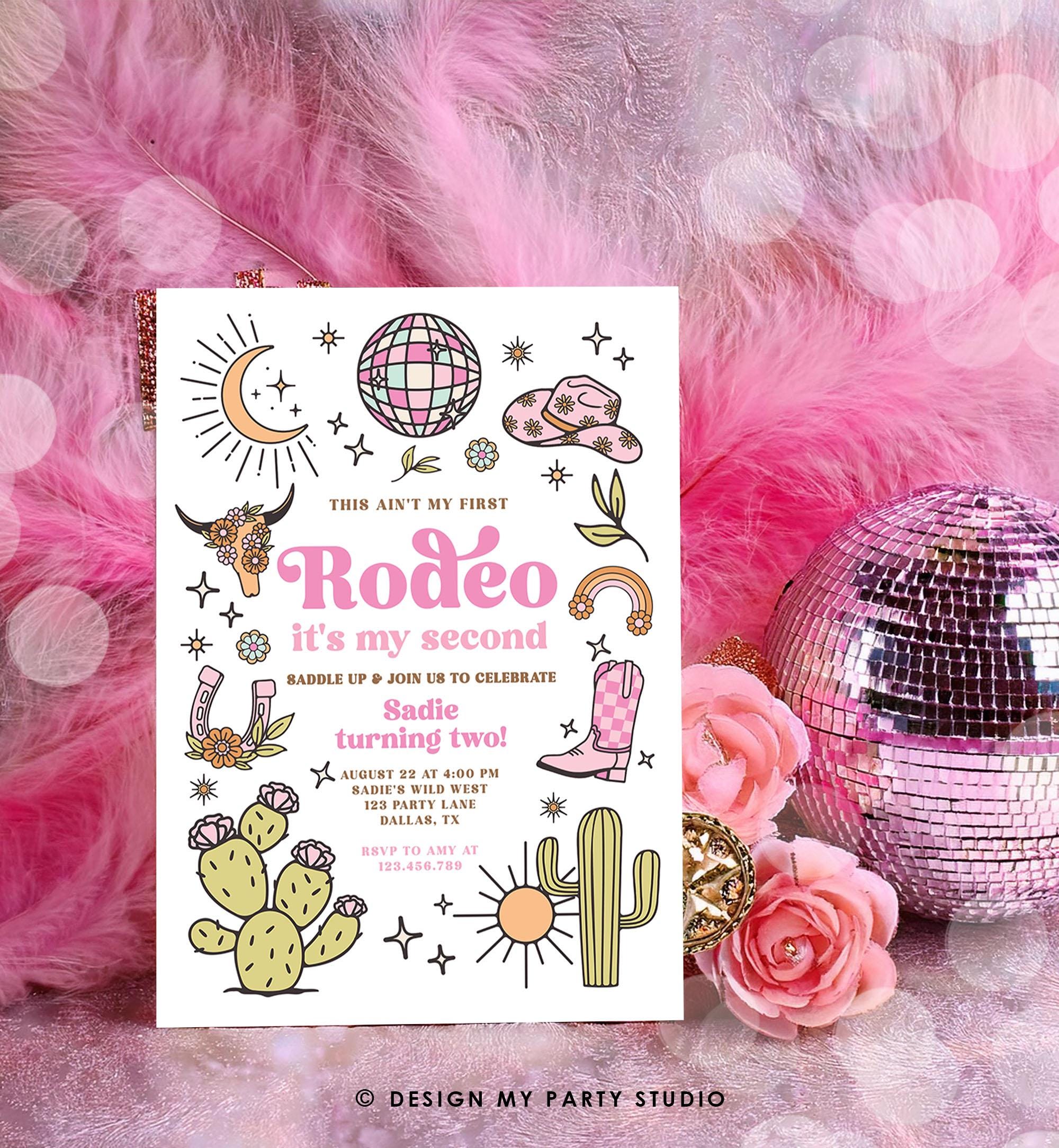 Editable Second Rodeo Birthday Invitation Space Cowgirl Disco 2nd Rodeo Pink Girl Cowgirl Ranch Party Download Printable Template Evite 0519