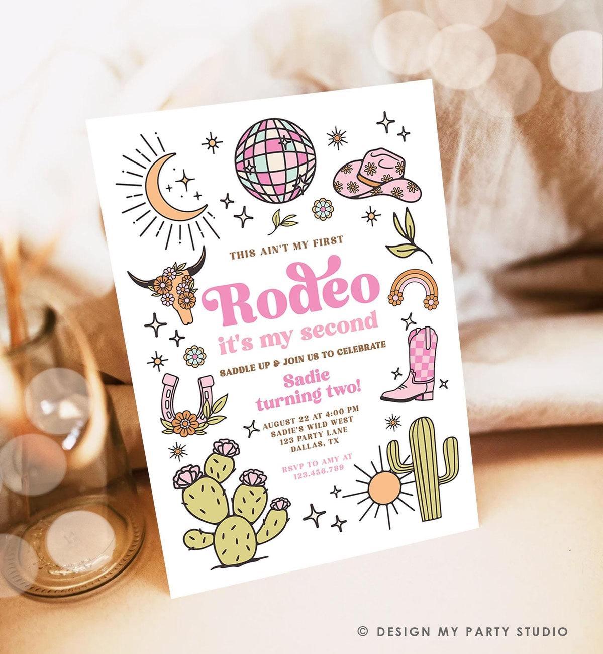 Editable Second Rodeo Birthday Invitation Space Cowgirl Disco 2nd Rodeo Pink Girl Cowgirl Ranch Party Download Printable Template Evite 0519