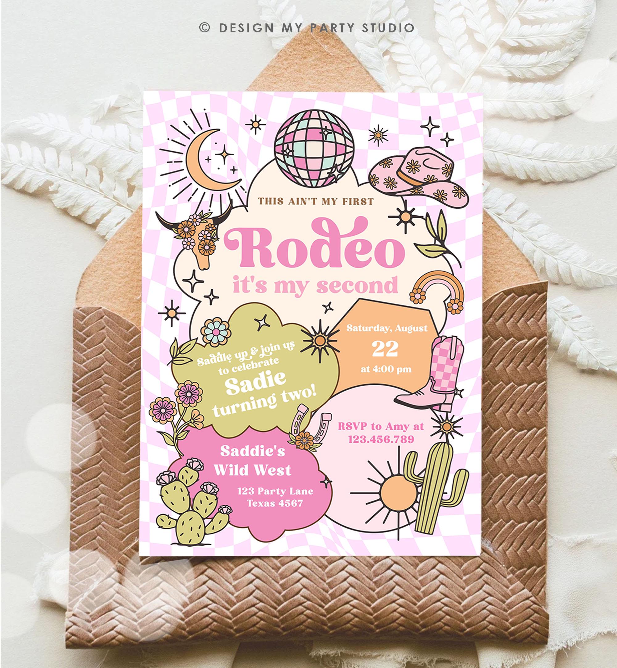 Editable Second Rodeo Birthday Invitation Space Cowgirl Disco 2nd Rodeo Pink Girl Cowgirl Ranch Party Download Printable Template Evite 0519