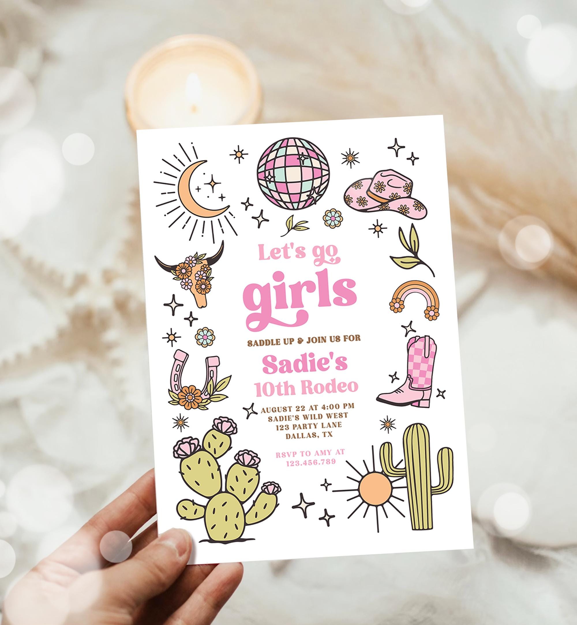 Editable Let's Go Girls Birthday Invitation Disco Rodeo Hot Pink Cowgirl Western Space Cowgirl Invite Download Printable Template Evite 0519