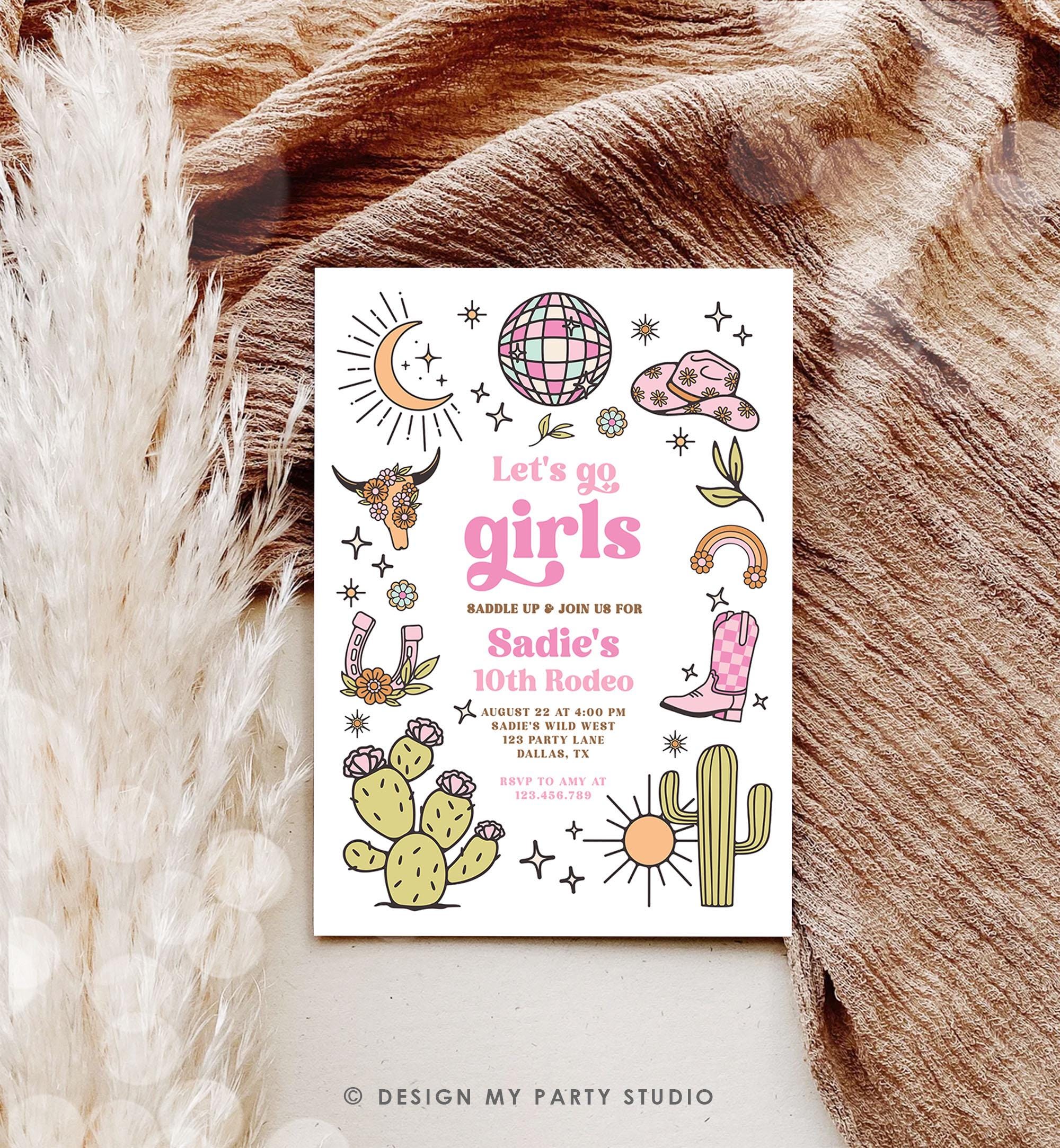 Editable Let's Go Girls Birthday Invitation Disco Rodeo Hot Pink Cowgirl Western Space Cowgirl Invite Download Printable Template Evite 0519