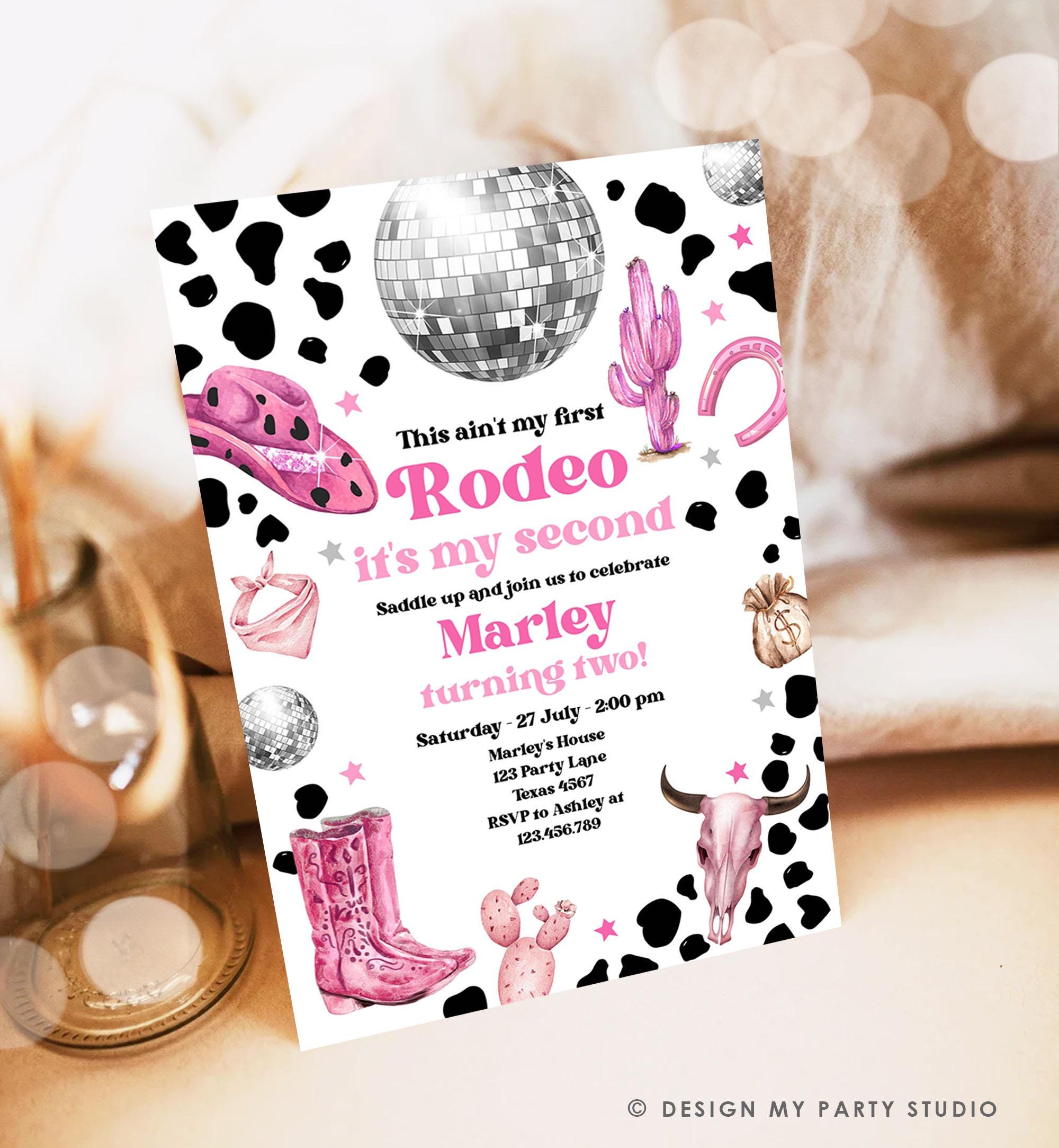 Editable Second Rodeo Birthday Invitation Space Cowgirl Disco 2nd Rodeo Pink Girl Cowgirl Ranch Party Download Printable Template Evite 0455