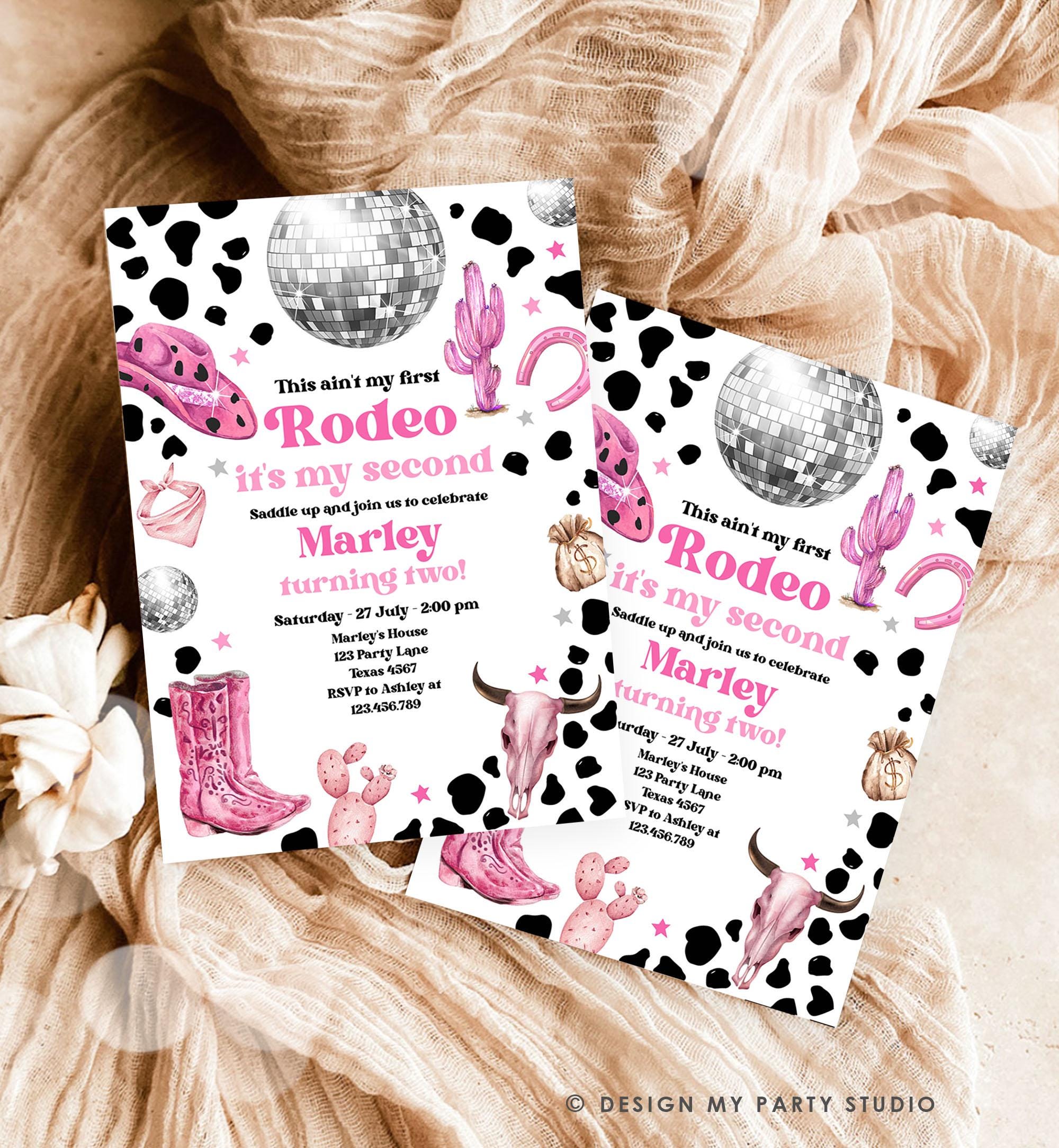 Editable Second Rodeo Birthday Invitation Space Cowgirl Disco 2nd Rodeo Pink Girl Cowgirl Ranch Party Download Printable Template Evite 0455