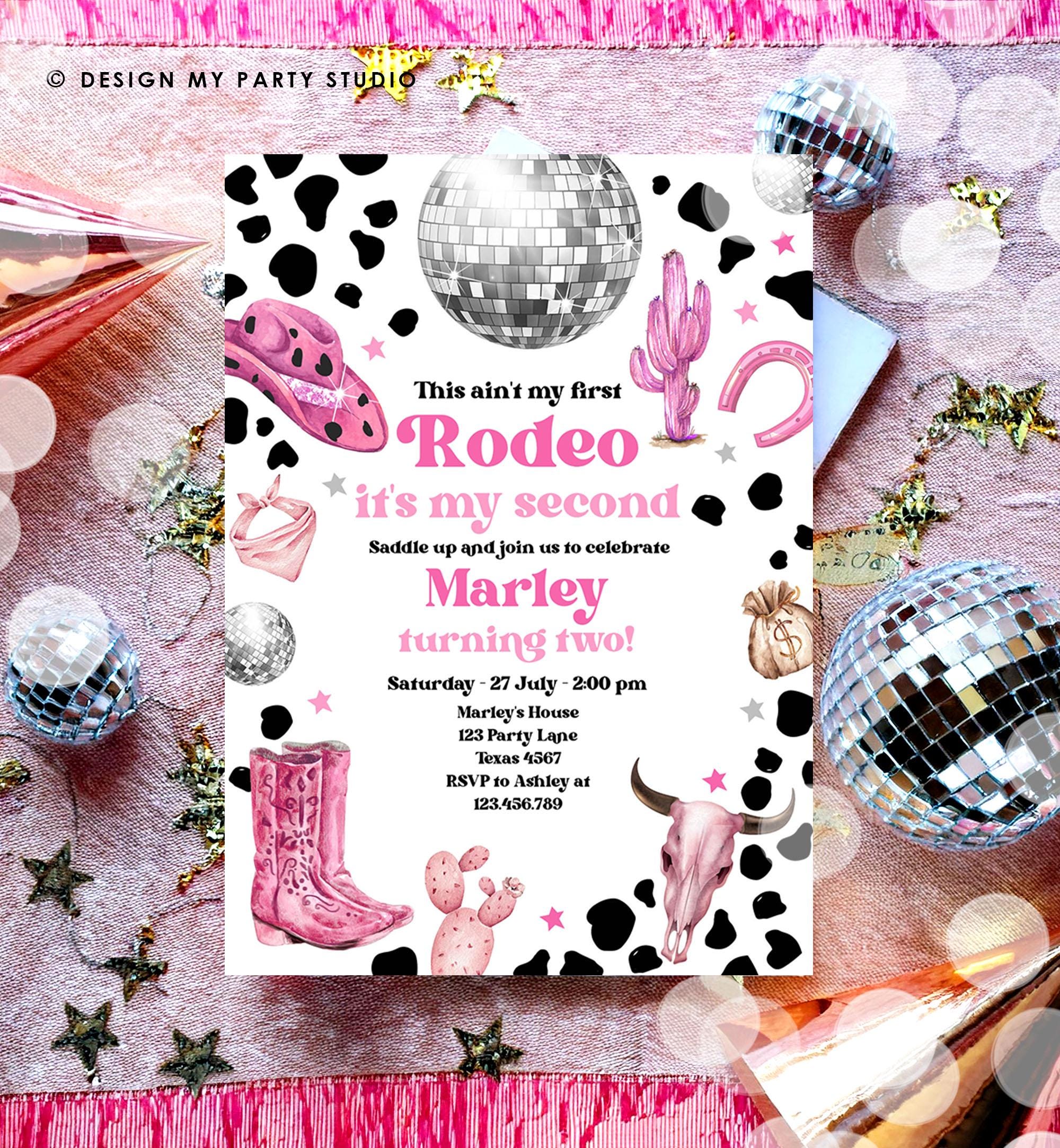 Editable Second Rodeo Birthday Invitation Space Cowgirl Disco 2nd Rodeo Pink Girl Cowgirl Ranch Party Download Printable Template Evite 0455