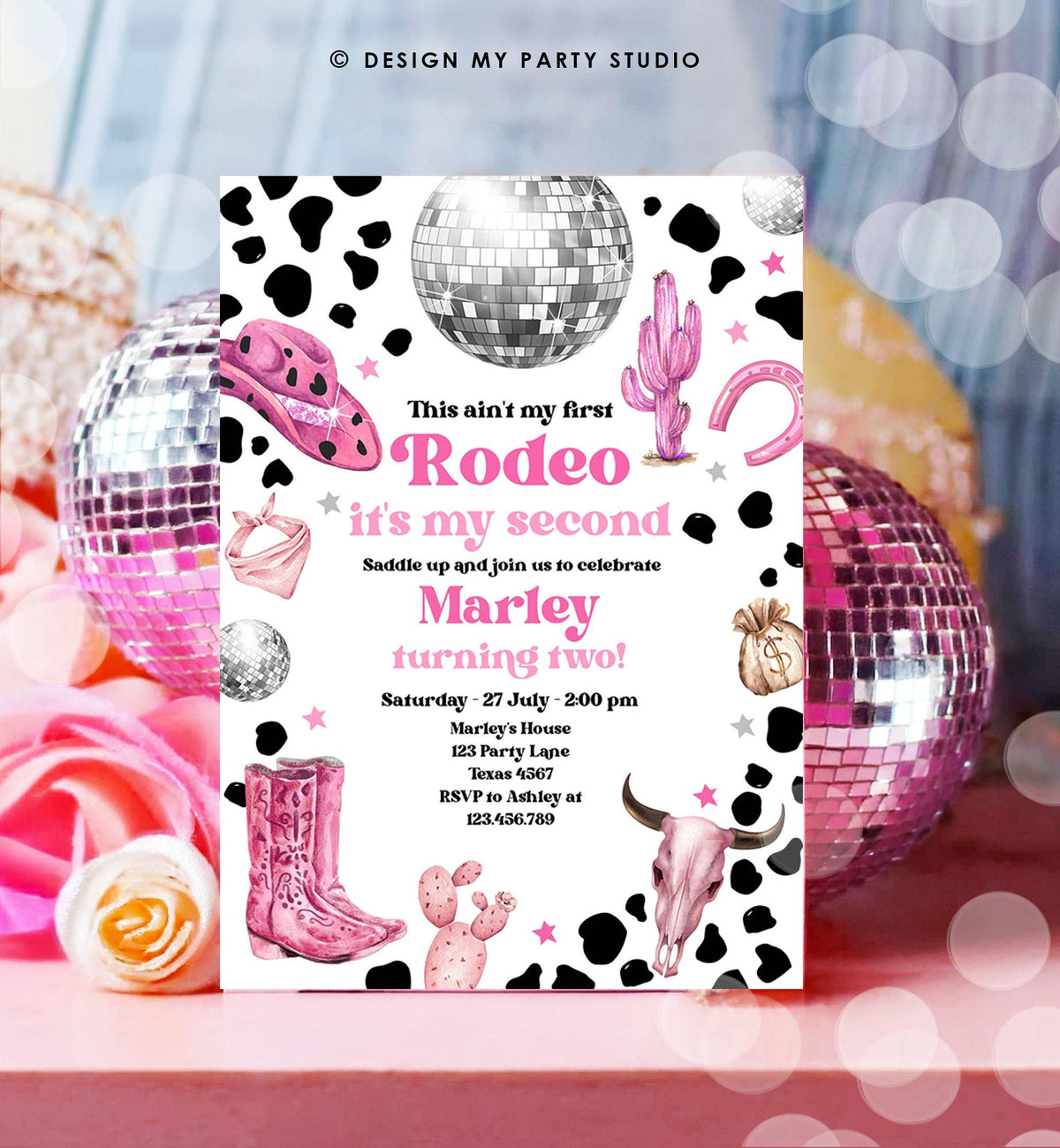 Editable Second Rodeo Birthday Invitation Space Cowgirl Disco 2nd Rodeo Pink Girl Cowgirl Ranch Party Download Printable Template Evite 0455