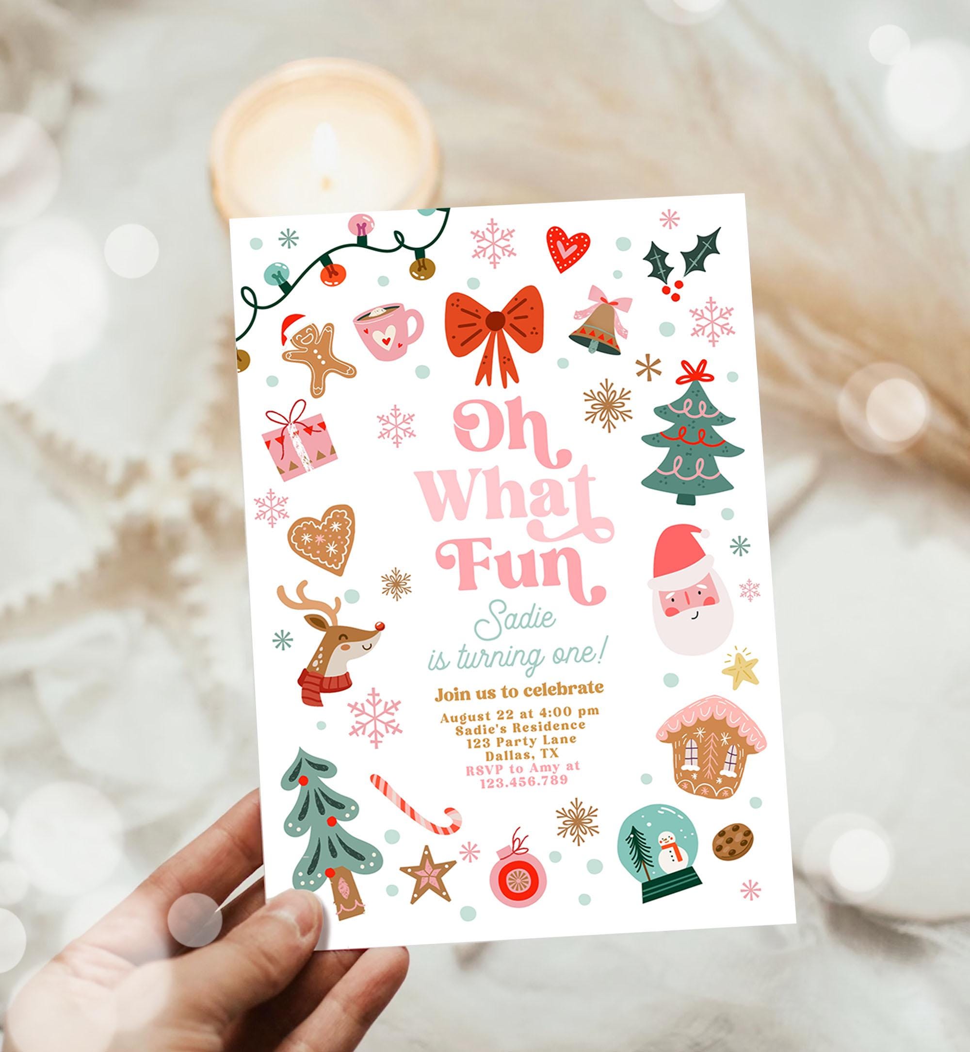 Editable Oh What Fun Christmas Birthday Party Invitation Red and Pink Girl Winter 1st First Birthday Evite Template Download Printable 0529