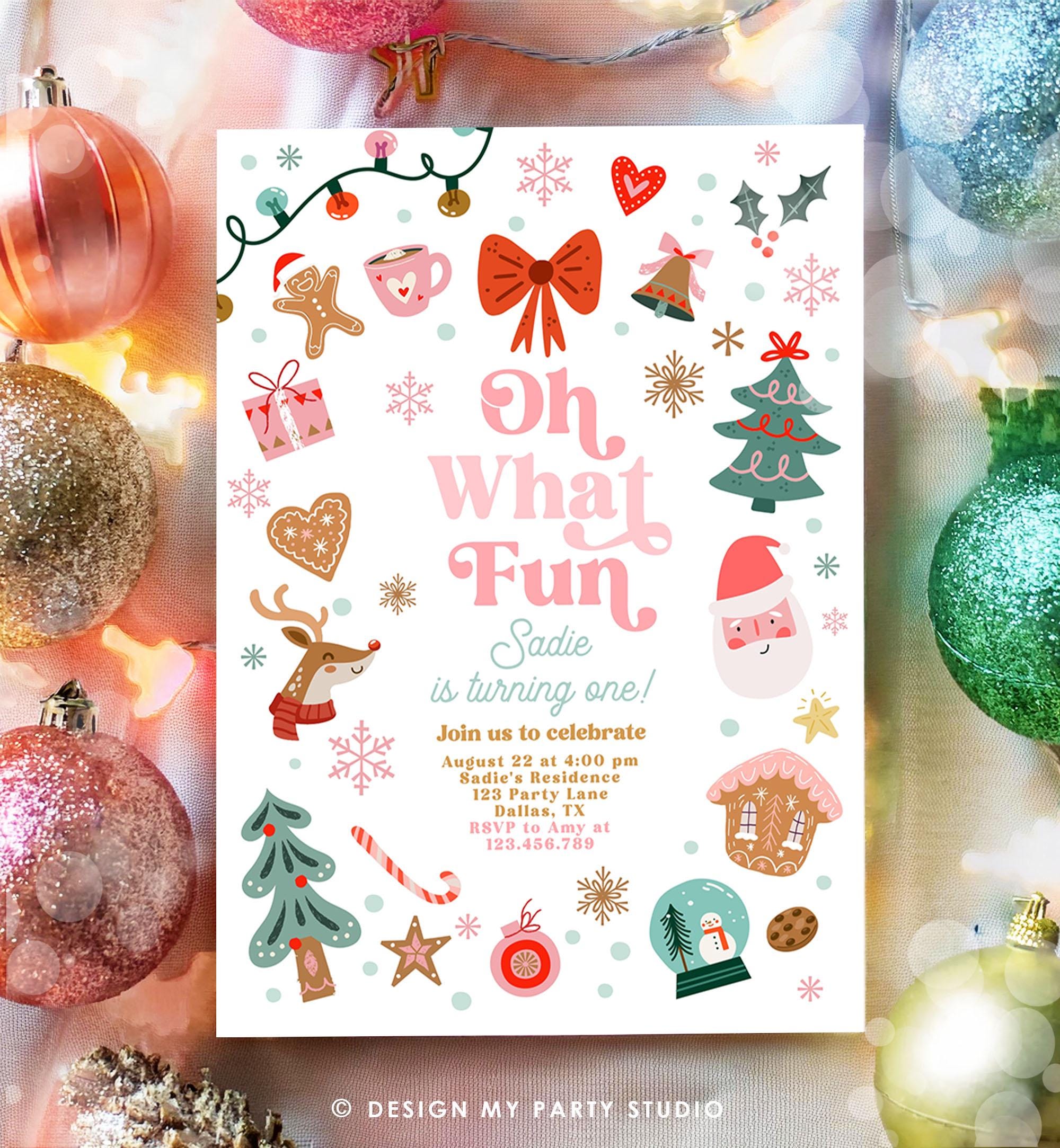 Editable Oh What Fun Christmas Birthday Party Invitation Red and Pink Girl Winter 1st First Birthday Evite Template Download Printable 0529