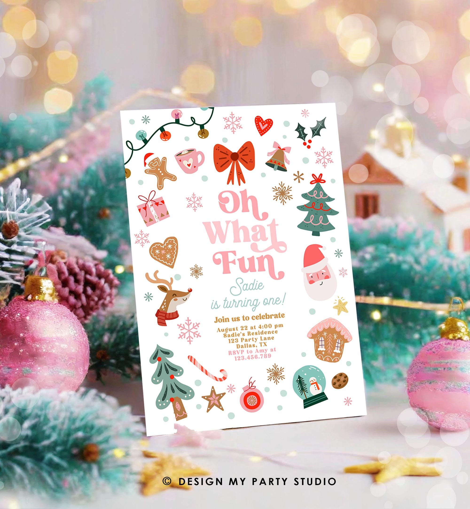 Editable Oh What Fun Christmas Birthday Party Invitation Red and Pink Girl Winter 1st First Birthday Evite Template Download Printable 0529