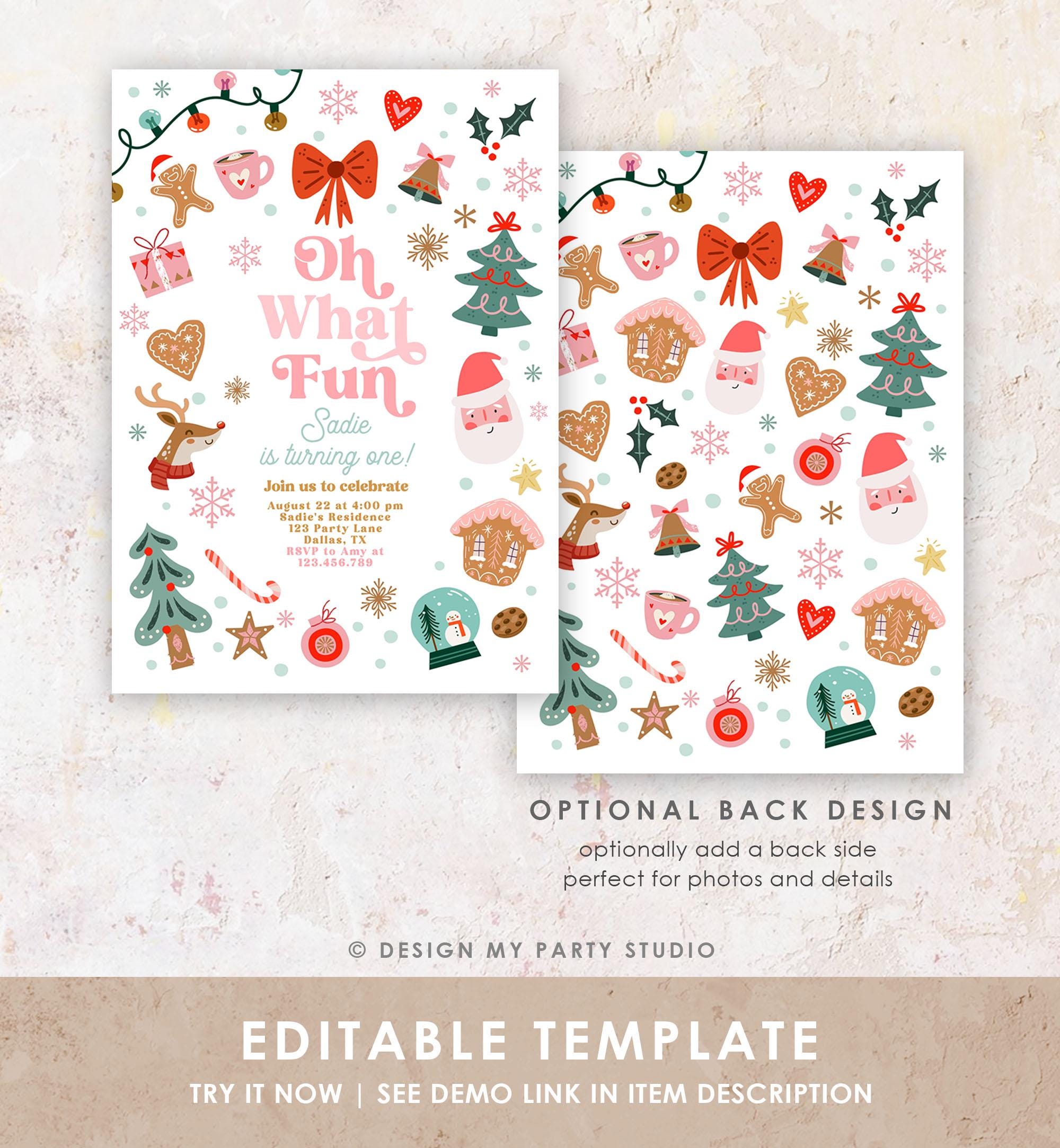 Editable Oh What Fun Christmas Birthday Party Invitation Red and Pink Girl Winter 1st First Birthday Evite Template Download Printable 0529