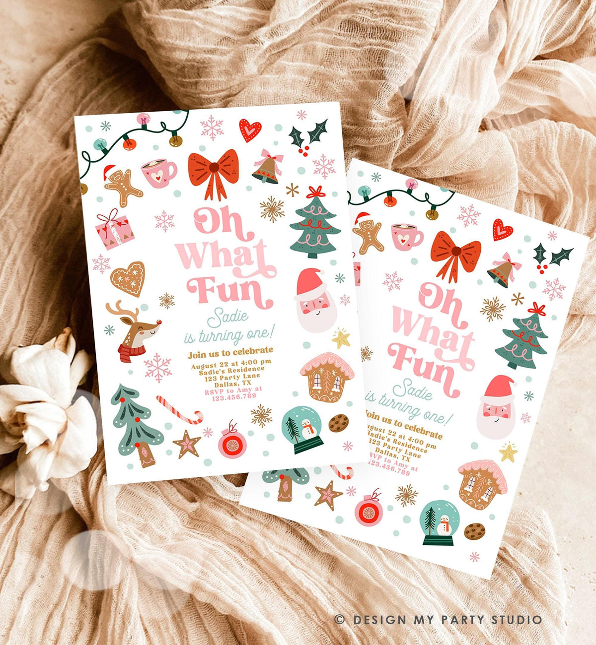 Editable Oh What Fun Christmas Birthday Party Invitation Red and Pink Girl Winter 1st First Birthday Evite Template Download Printable 0529