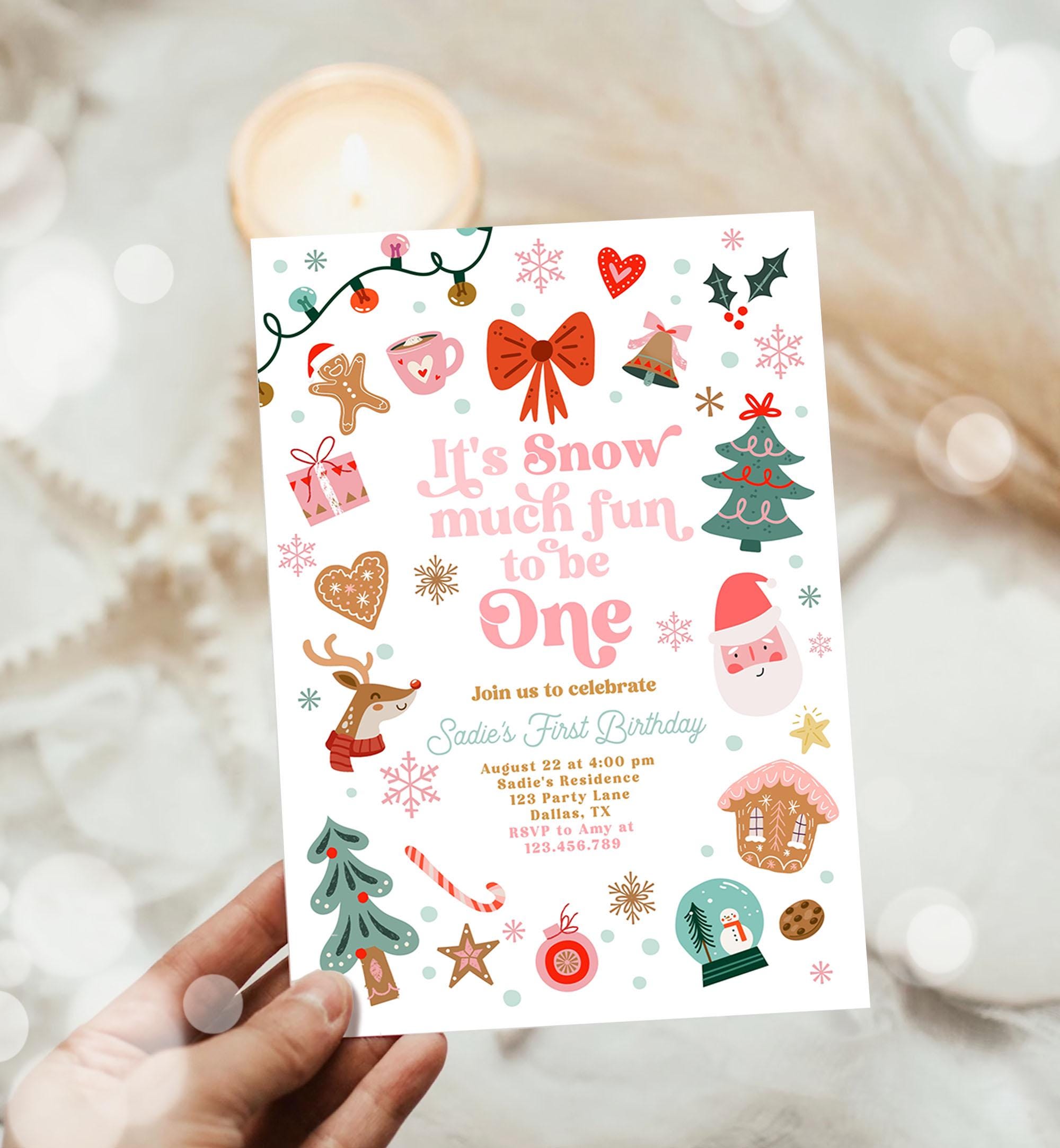 Editable Snow Much Fun To Be One Christmas Birthday Party Invitation Pink Girl Winter 1st Birthday Evite Template Download Printable 0529