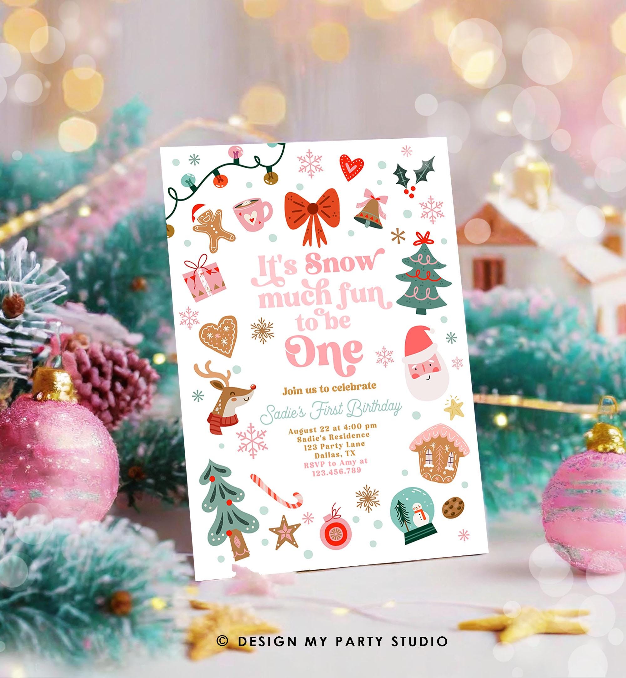 Editable Snow Much Fun To Be One Christmas Birthday Party Invitation Pink Girl Winter 1st Birthday Evite Template Download Printable 0529