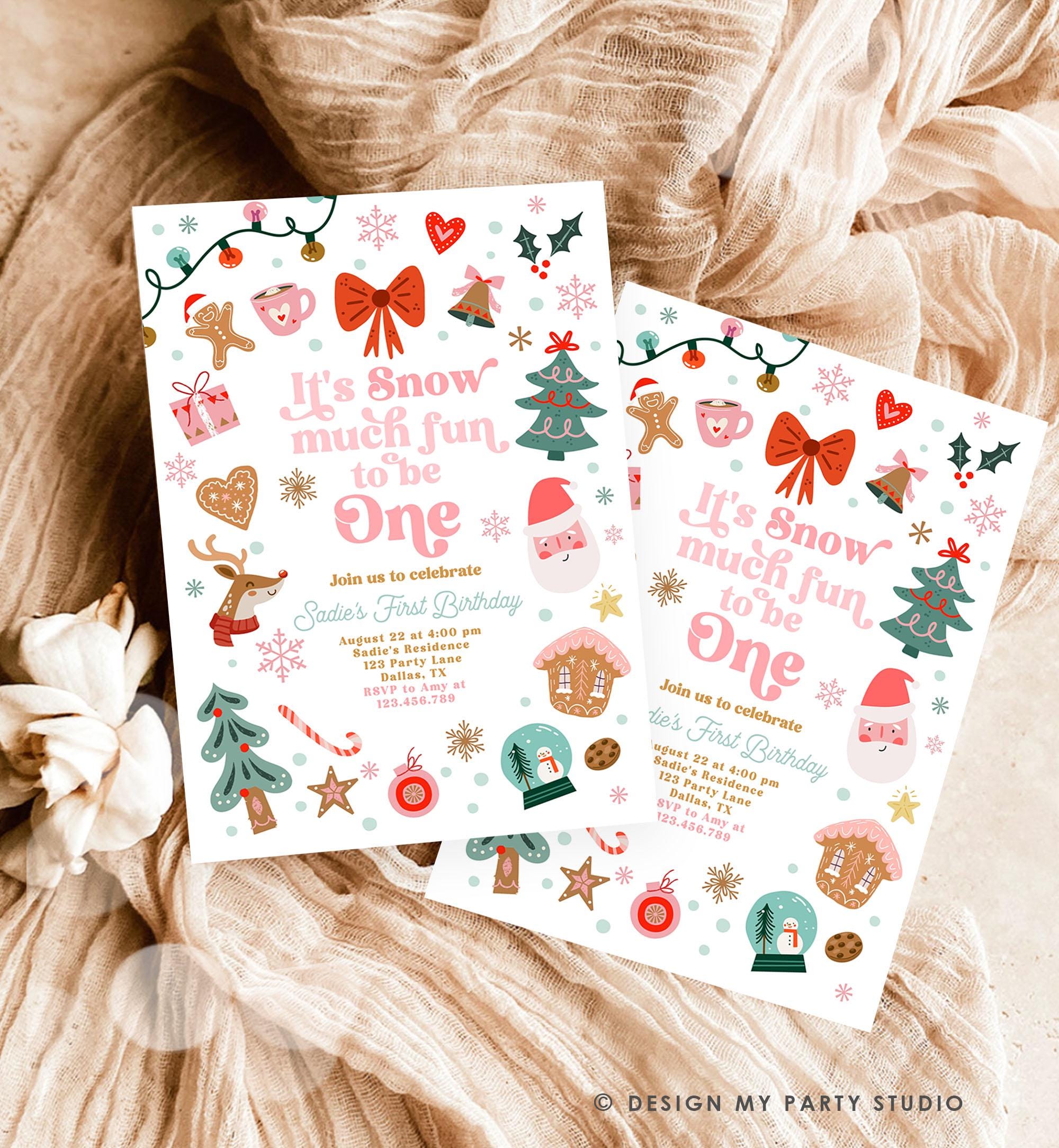 Editable Snow Much Fun To Be One Christmas Birthday Party Invitation Pink Girl Winter 1st Birthday Evite Template Download Printable 0529