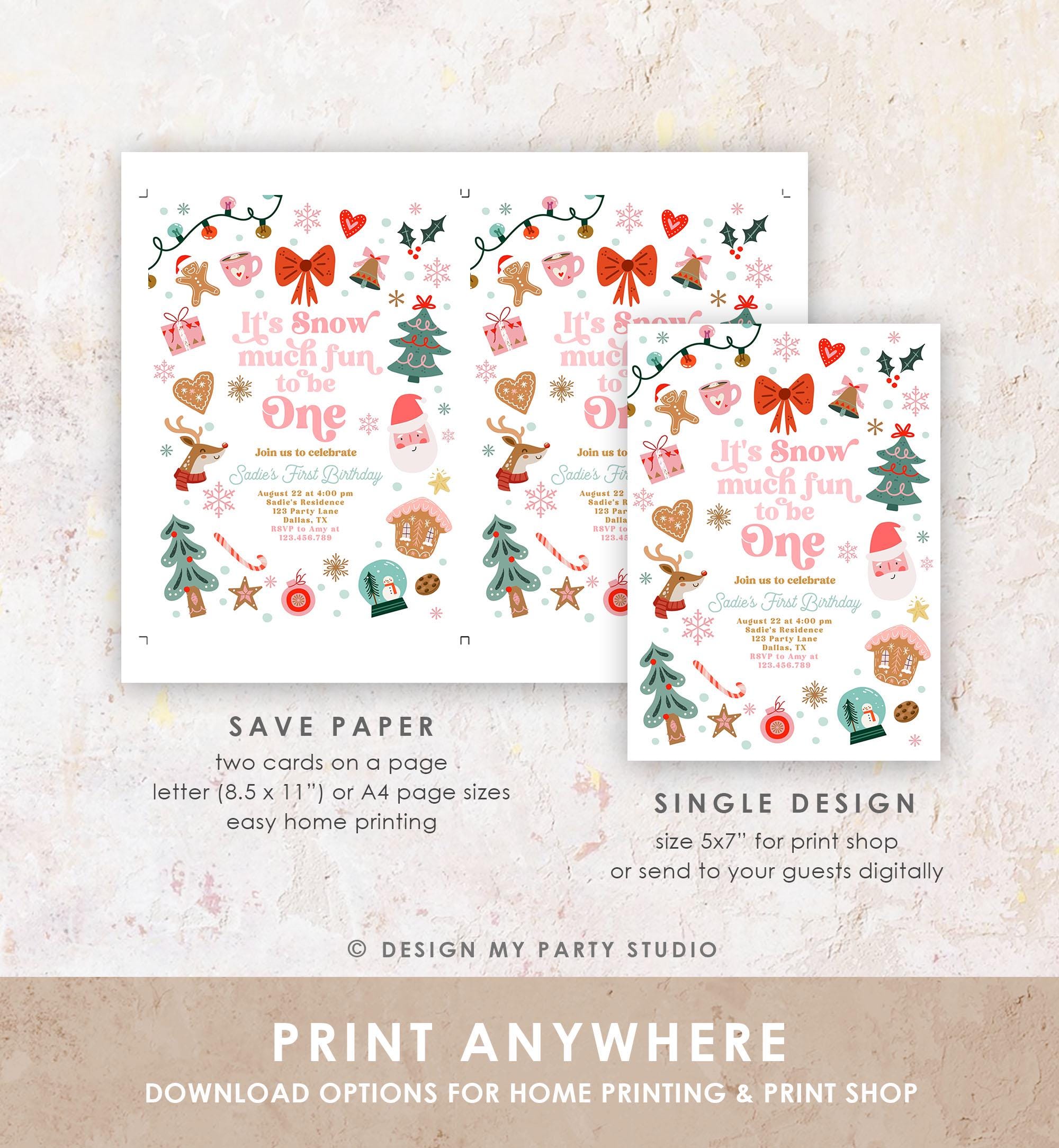 Editable Snow Much Fun To Be One Christmas Birthday Party Invitation Pink Girl Winter 1st Birthday Evite Template Download Printable 0529