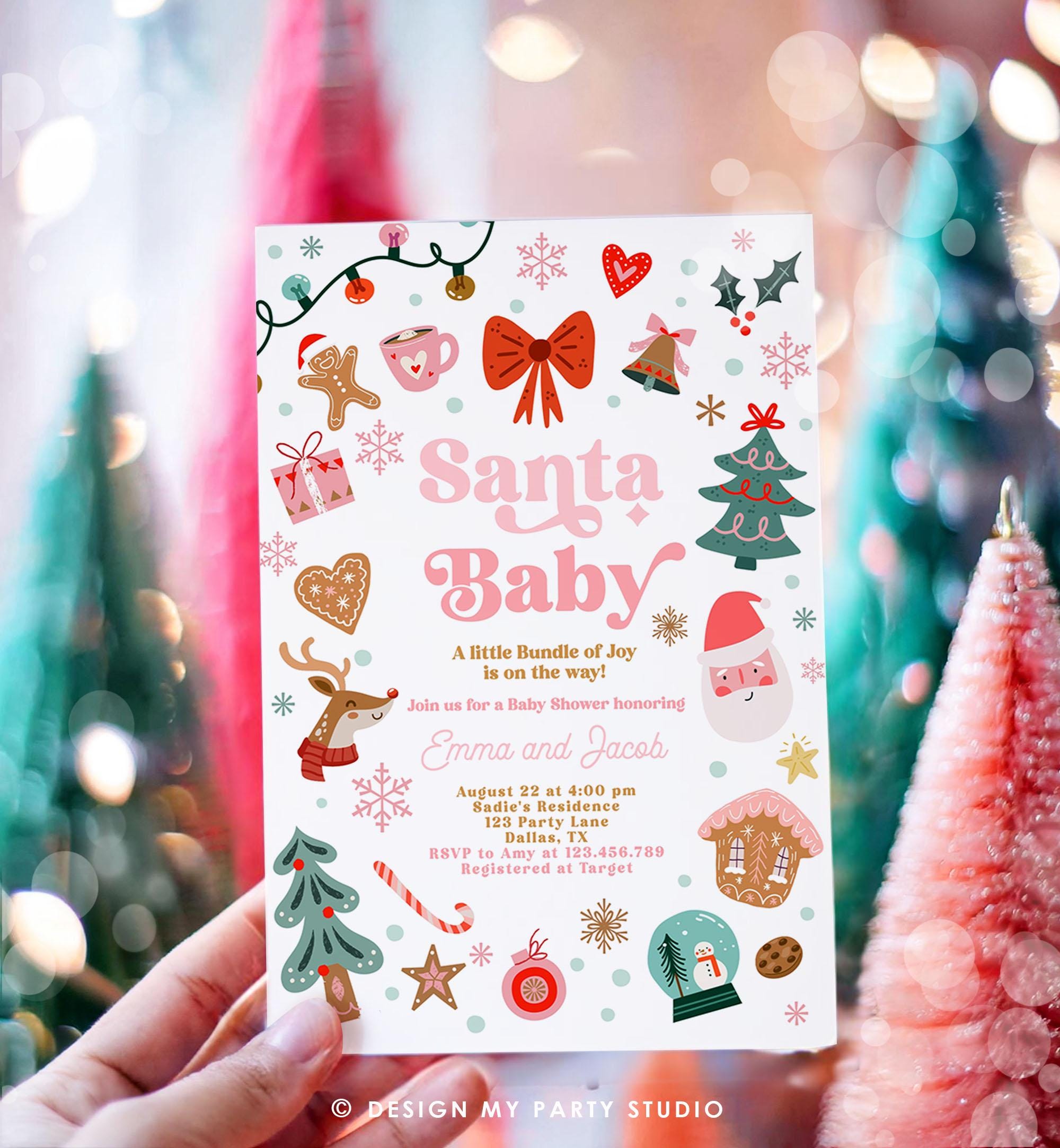 Editable Christmas Baby Shower Invitation Santa Baby Merry Little Baby Shower Red and Pink Girl Template Digital Download Evite 0529