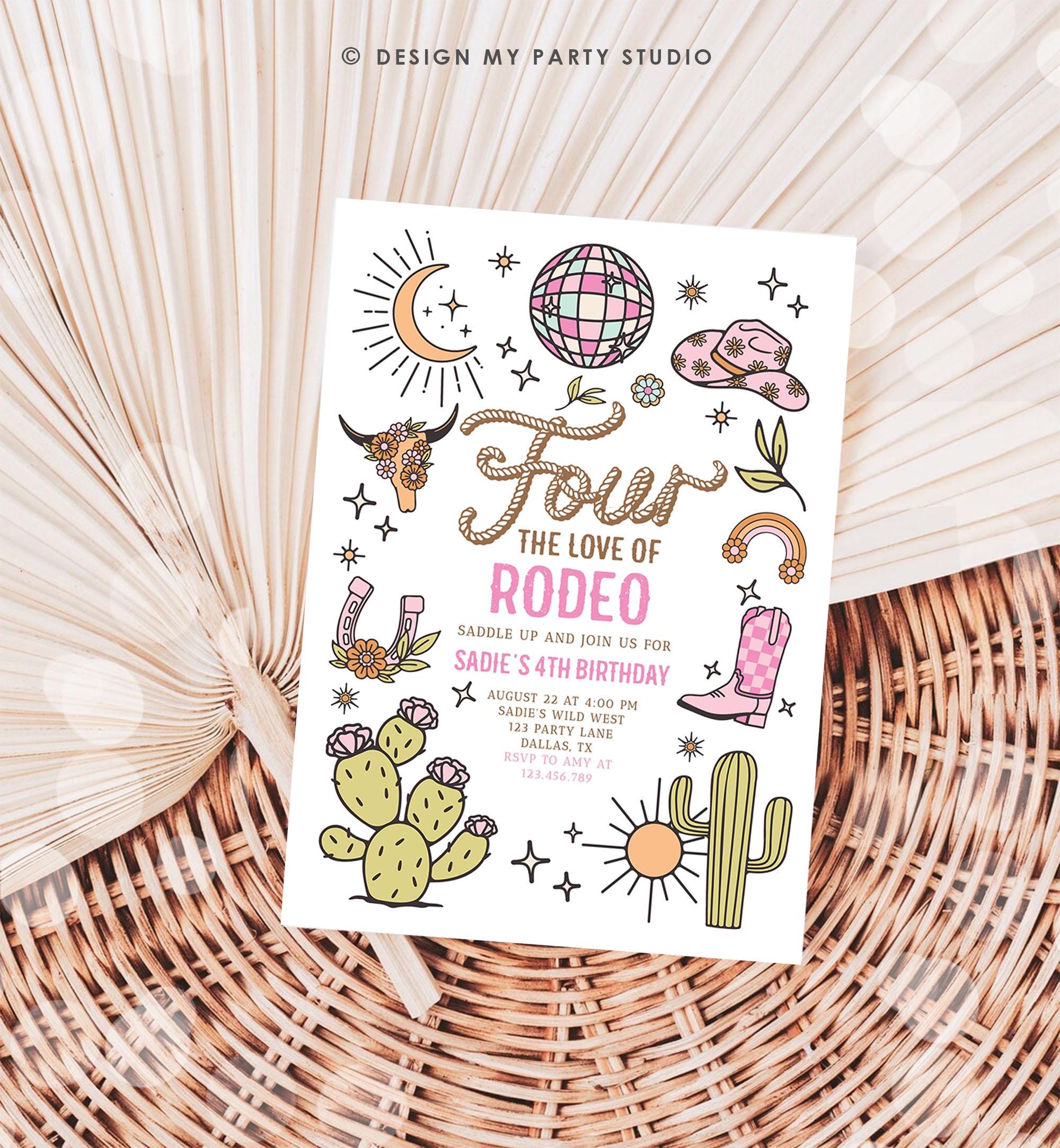 Editable Four the Love of Rodeo Birthday Invitation Cowgirl Disco Pink Cowgirl Party Wild Nashville Download Printable Template Evite 0519