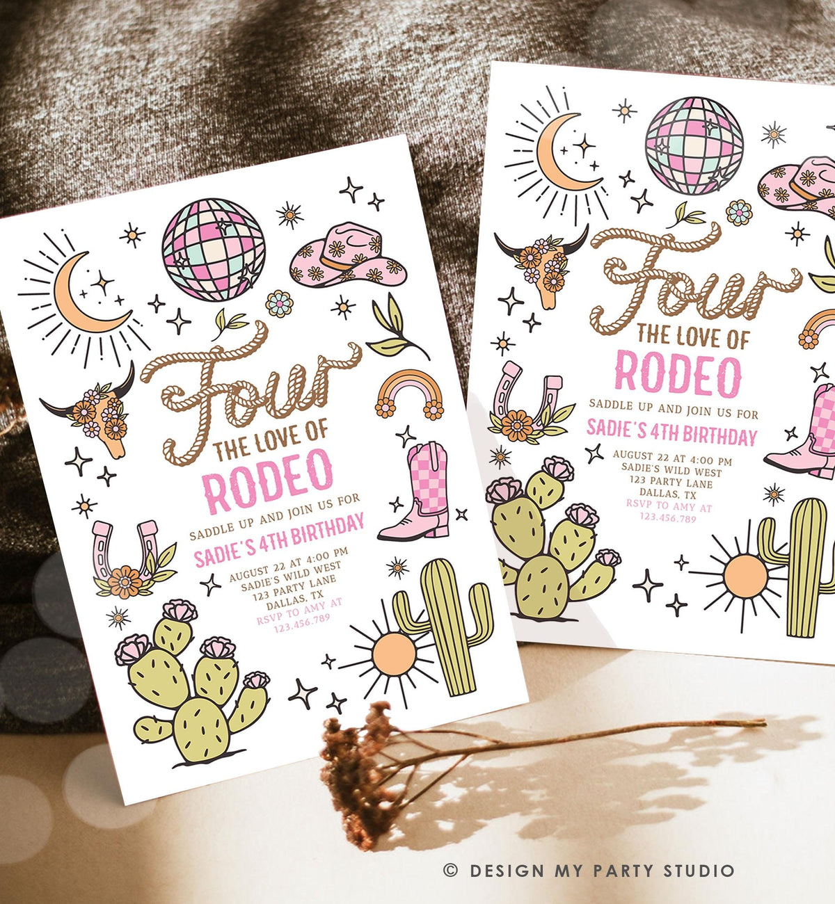 Editable Four the Love of Rodeo Birthday Invitation Cowgirl Disco Pink Cowgirl Party Wild Nashville Download Printable Template Evite 0519