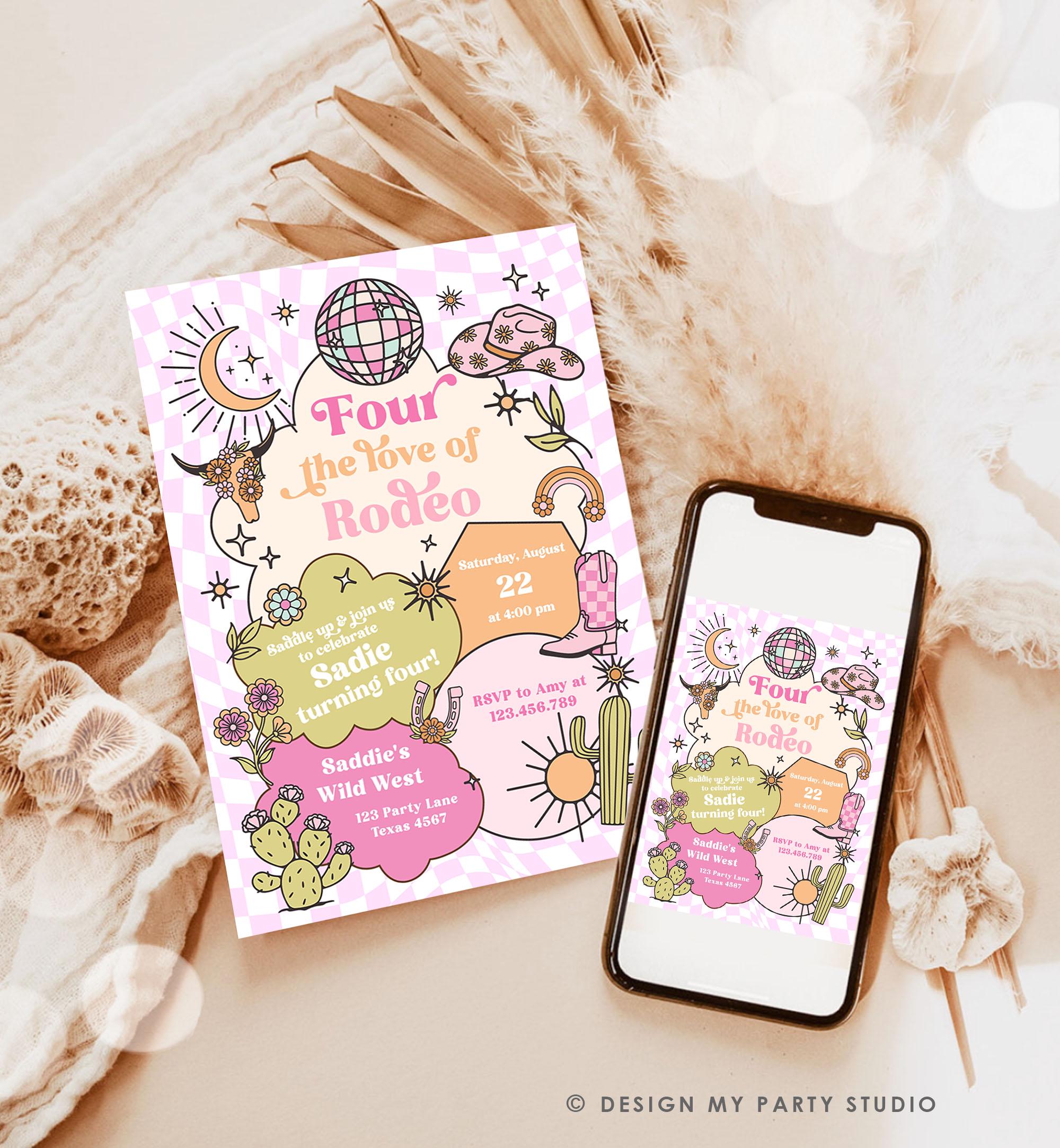 Editable Four the Love of Rodeo Birthday Invitation Cowgirl Disco Pink Cowgirl Party Wild Nashville Download Printable Template Evite 0519