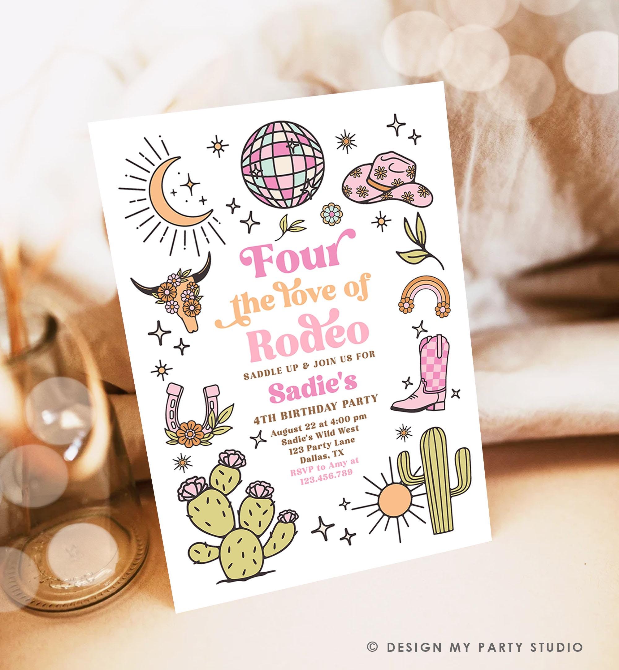 Editable Four the Love of Rodeo Birthday Invitation Cowgirl Disco Pink Cowgirl Party Wild Nashville Download Printable Template Evite 0519