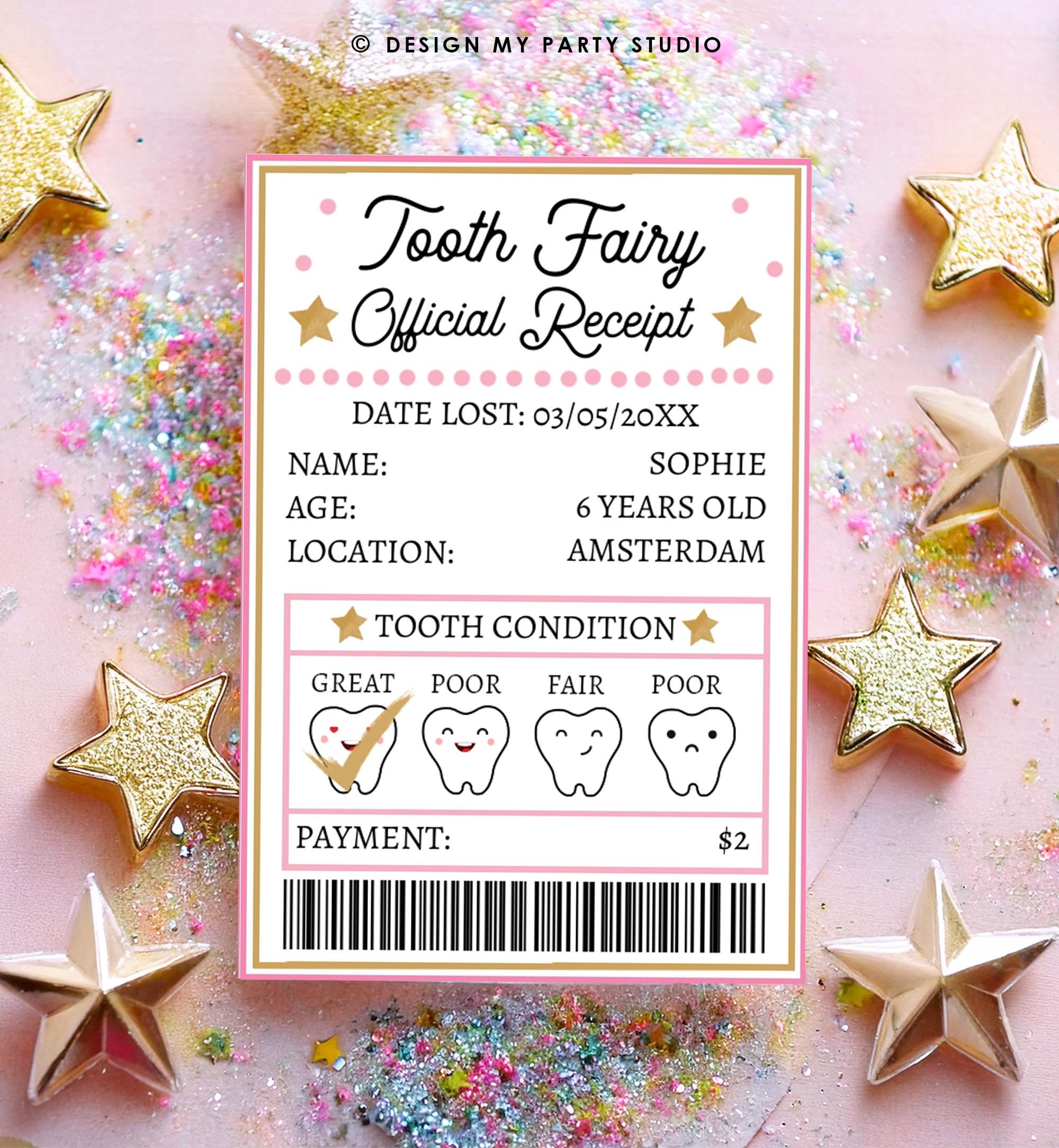 Editable Mini Tooth Fairy Set Pink Receipt and Letter with Envelope Tooth Fairy Kit Lost Tooth Fairy Note Digital Template Printable 0526