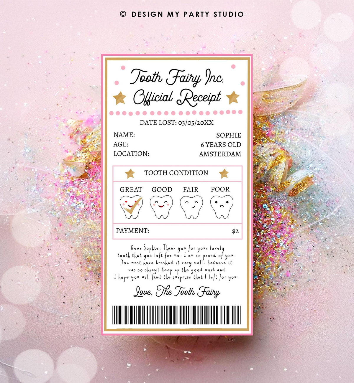 Editable Tooth Fairy Receipt First Lost Tooth Certificate Official Fairy Note Kids Tooth Fairy Letter Girl Digital Template Printable 0526