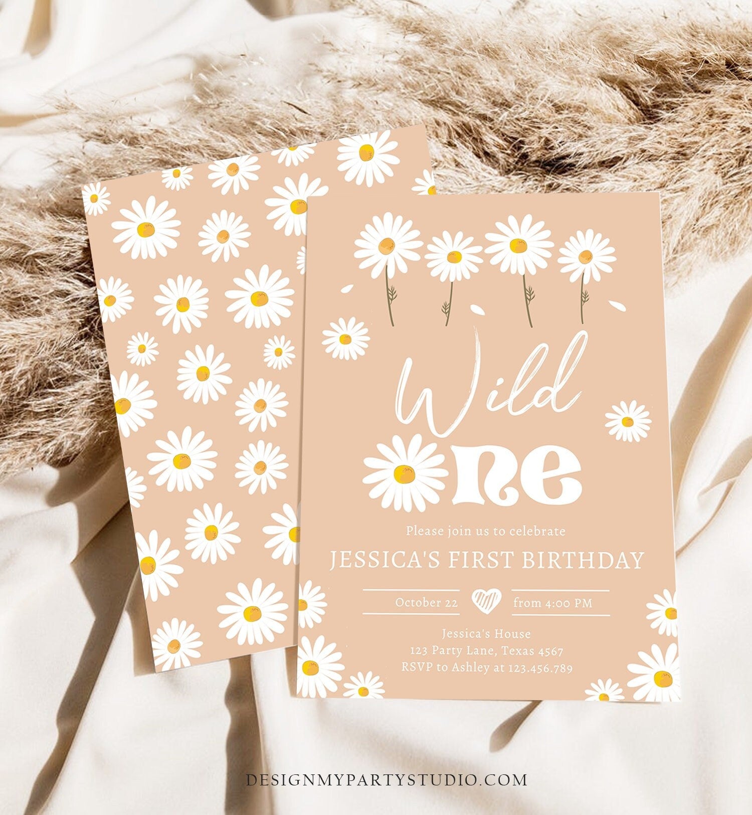 Editable Daisy Birthday Party Invitation Wild One Floral Girl Boho Sand First Birthday 1st Digital Download Template Corjl Printable 0410