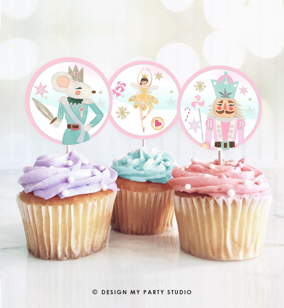 Nutcracker Cupcake Toppers Nutcracker Birthday Party Decorations Sugar Plum Fairy Girl Pink Gold Sticker Tag Digital Download Printable 0352