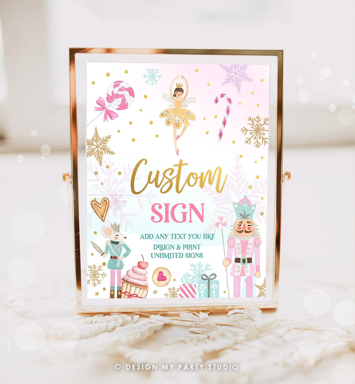 Editable Custom Sign Nutcracker Birthday Decor Land of Sweets Party Sugar Plum Fairy Girl Pink Gold Table Digital Template Printable 0352