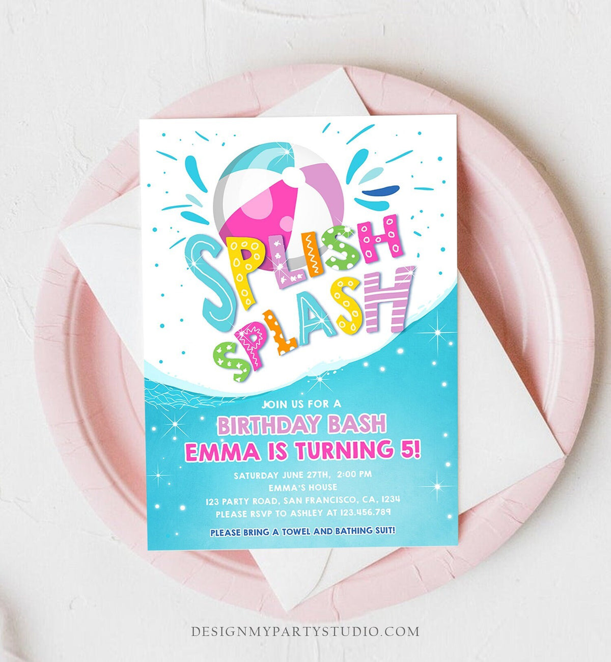 Editable Splish Splash Birthday Invitation Pool Party Boy Beach Ball Blue Green Birthday Bash Download Printable Invite Template Corjl 0169