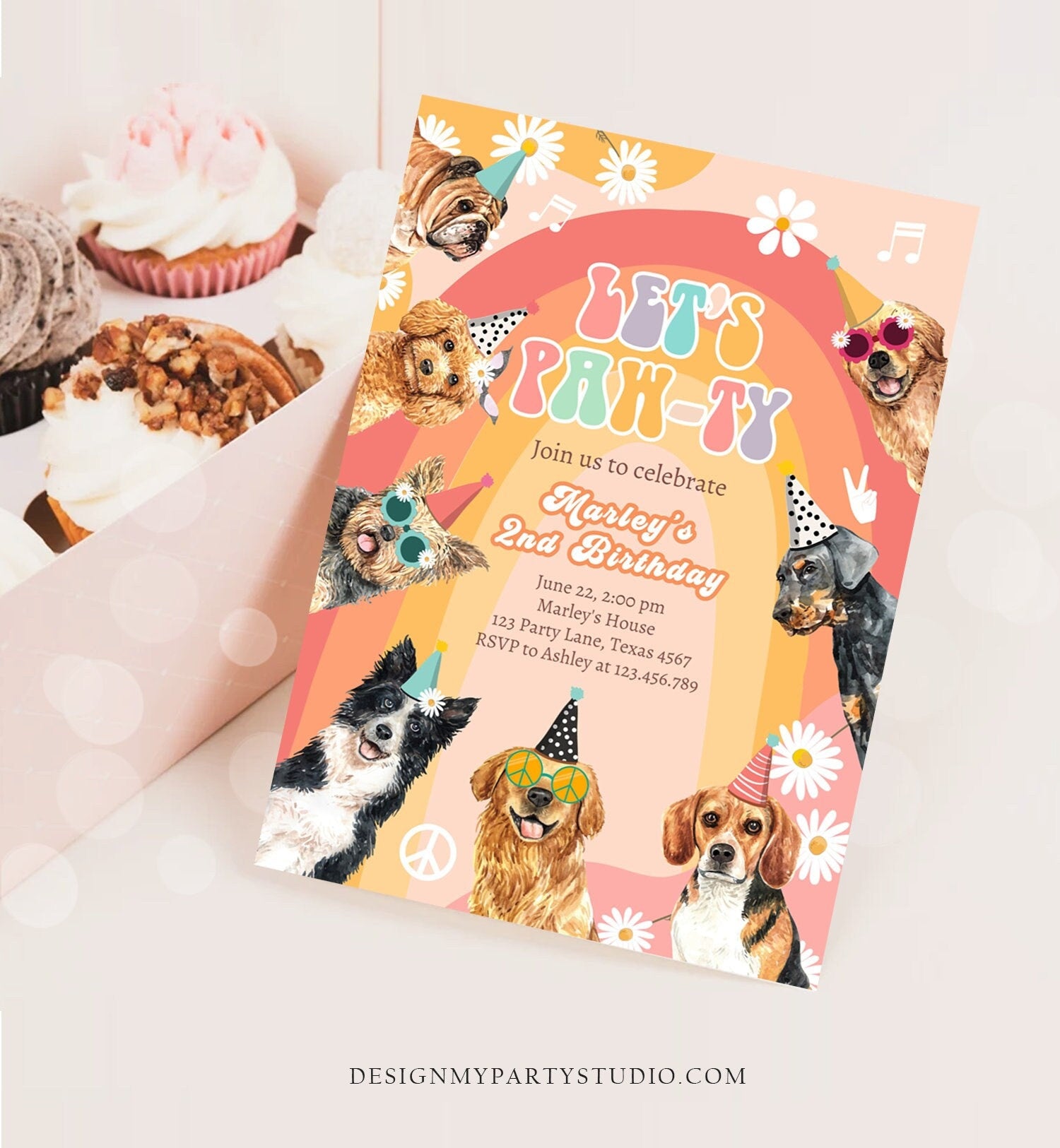 Editable Groovy Dog Birthday Party Invitation Retro Puppy Birthday Invite Girl Doggy Daisy Lets Pawty Download Printable Template Corjl 0463