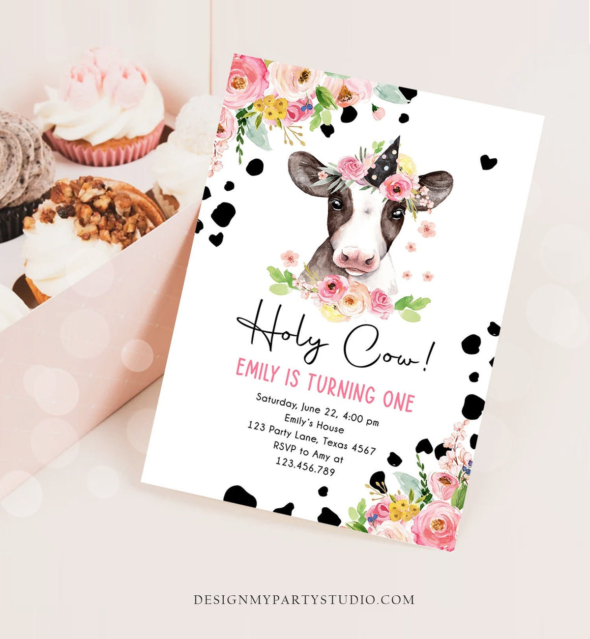 Editable Cow Birthday Invitation Girl Farm Animals Pink Floral Barnyard Party Holy Cow Party 1st One Download Printable Template Corjl 0434