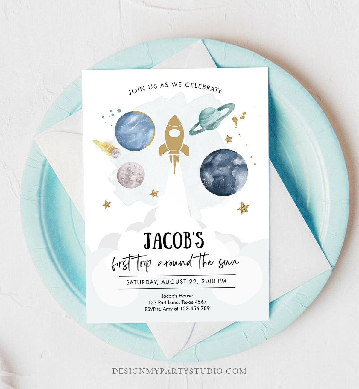 Editable Outer Space First Birthday Invitation Galaxy Blast Off First Trip Around the Sun Download Printable Template Digital Corjl 0357