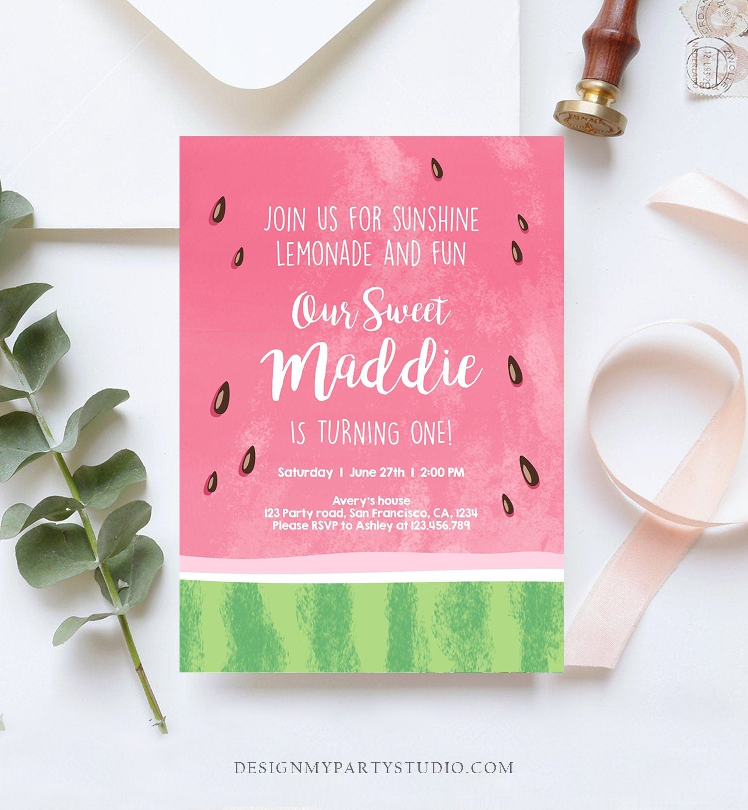 Editable Watermelon Birthday Invitation One in a Melon Invite Melon Party Summer Lemonade Digital Download Corjl Template Printable 0250