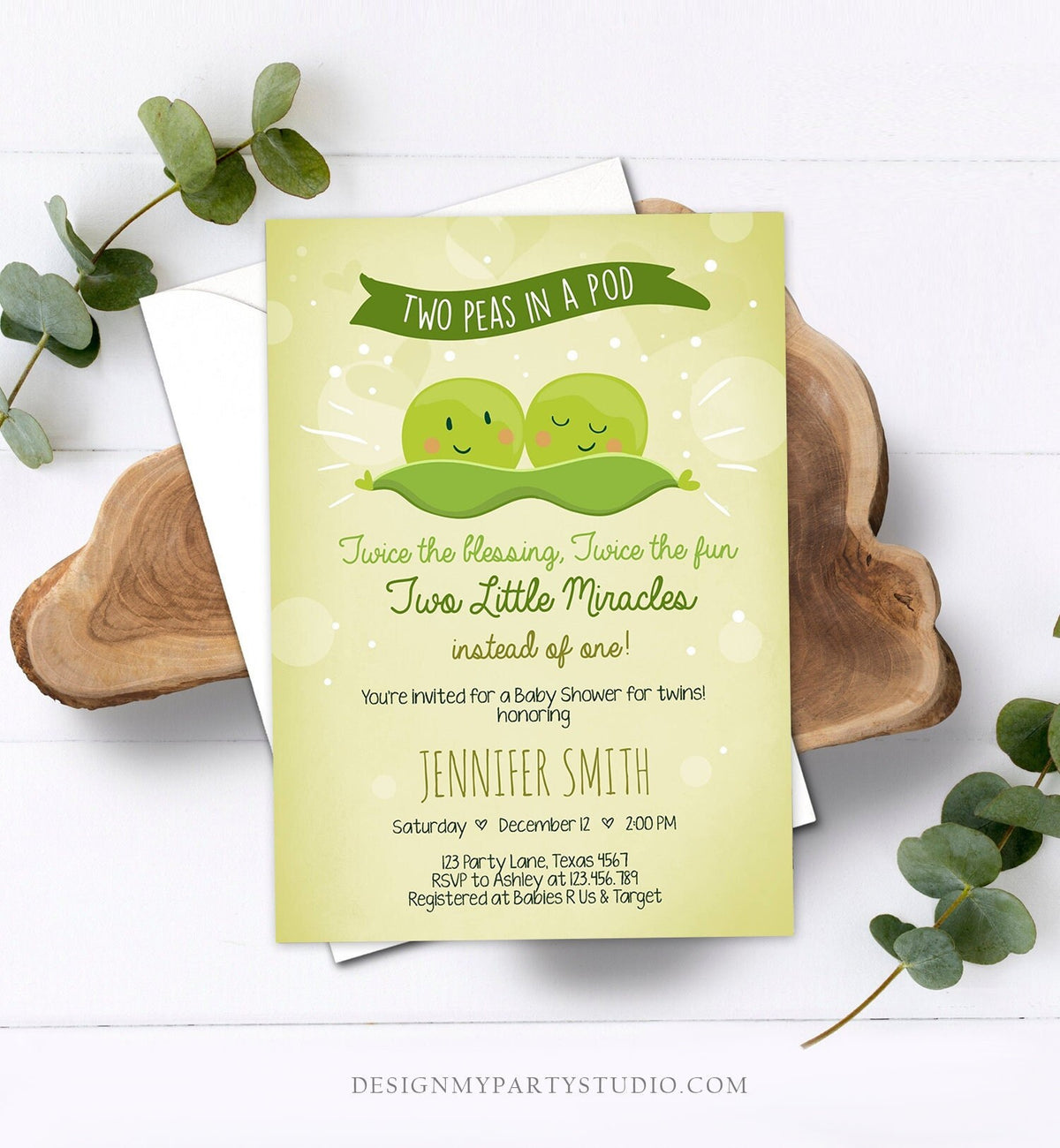 Editable Two Peas In a Pod Baby Shower Invitation Twin Baby Shower Green Gender Neutral Sweet Pea Download Corjl Template Printable 0020