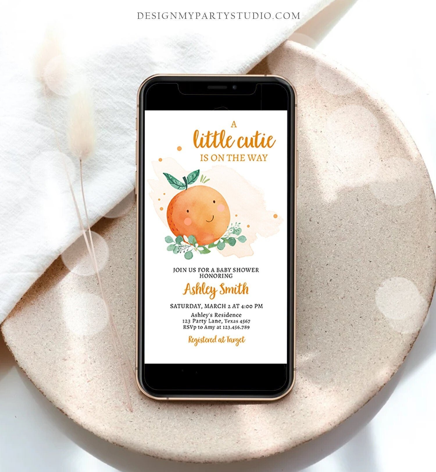 Editable Little Cutie Baby Shower Evite Little Cutie On The Way Clementine Orange Unisex Digital Download Electronic Corjl Template 0430